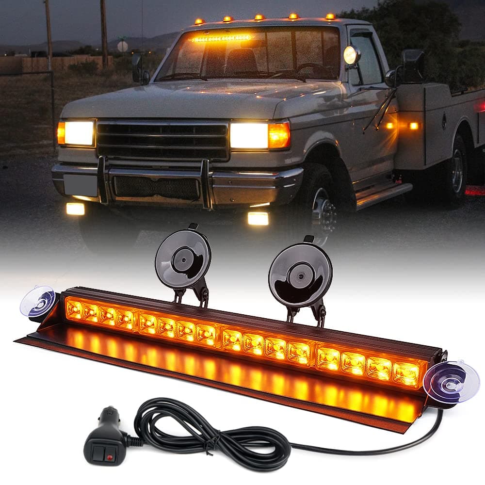 XpriteAmber LED Aluminum Strobe Light Bar, Front Windshield Dash Deck Hazard Warning Flashing Traffic Caution Lights w/Suction Cups, for Emergency Construction Vehicles POV Trucks EMS Snowplow