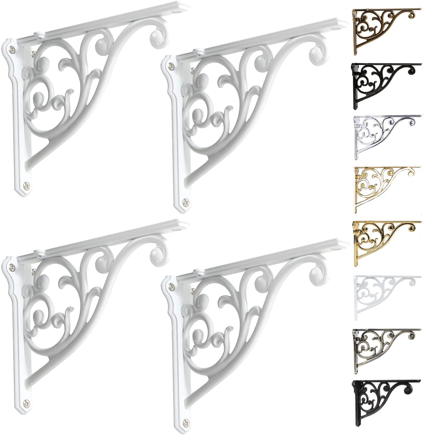 Shelf Brackets 8 Inch 4PCS Heavy Duty White Wall Bracket Baroque Kitchen Decorative Rack Shelves, Including All Hardware. (4, White)