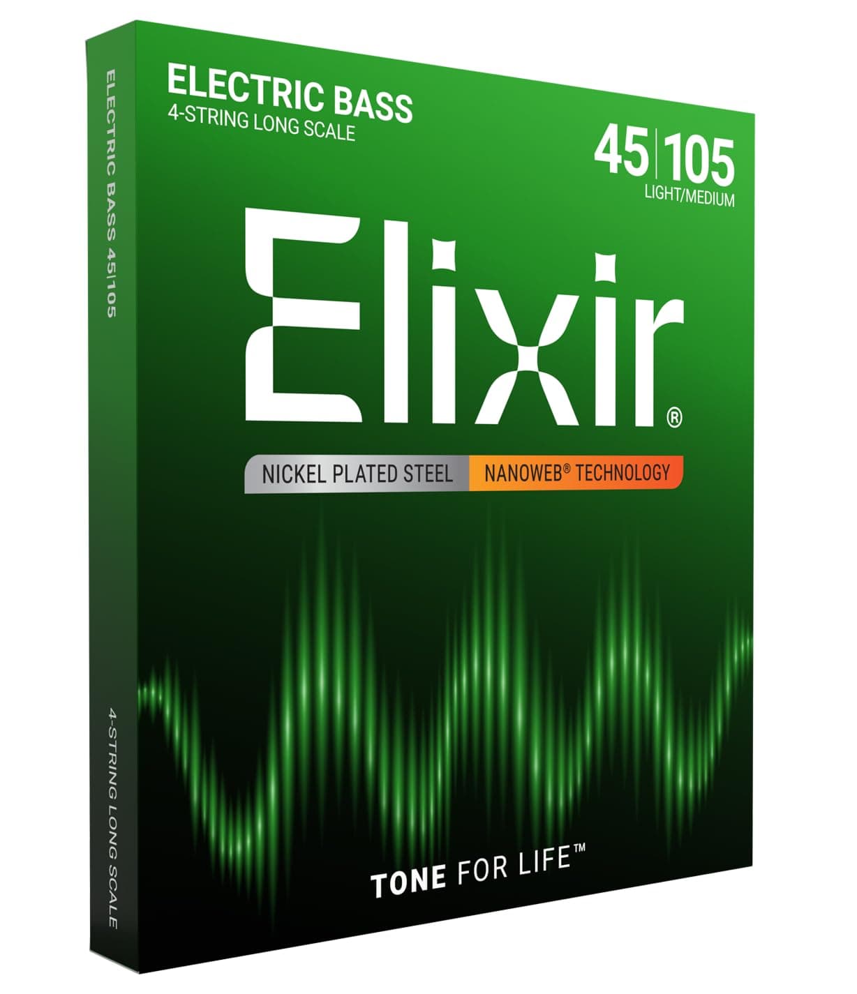 Elixir 14077 Strings Nickel Plated Steel 4-String Bass Strings w NANOWEB Coating, Long Scale, Light/Medium (.045-.105), White Black Red Blue