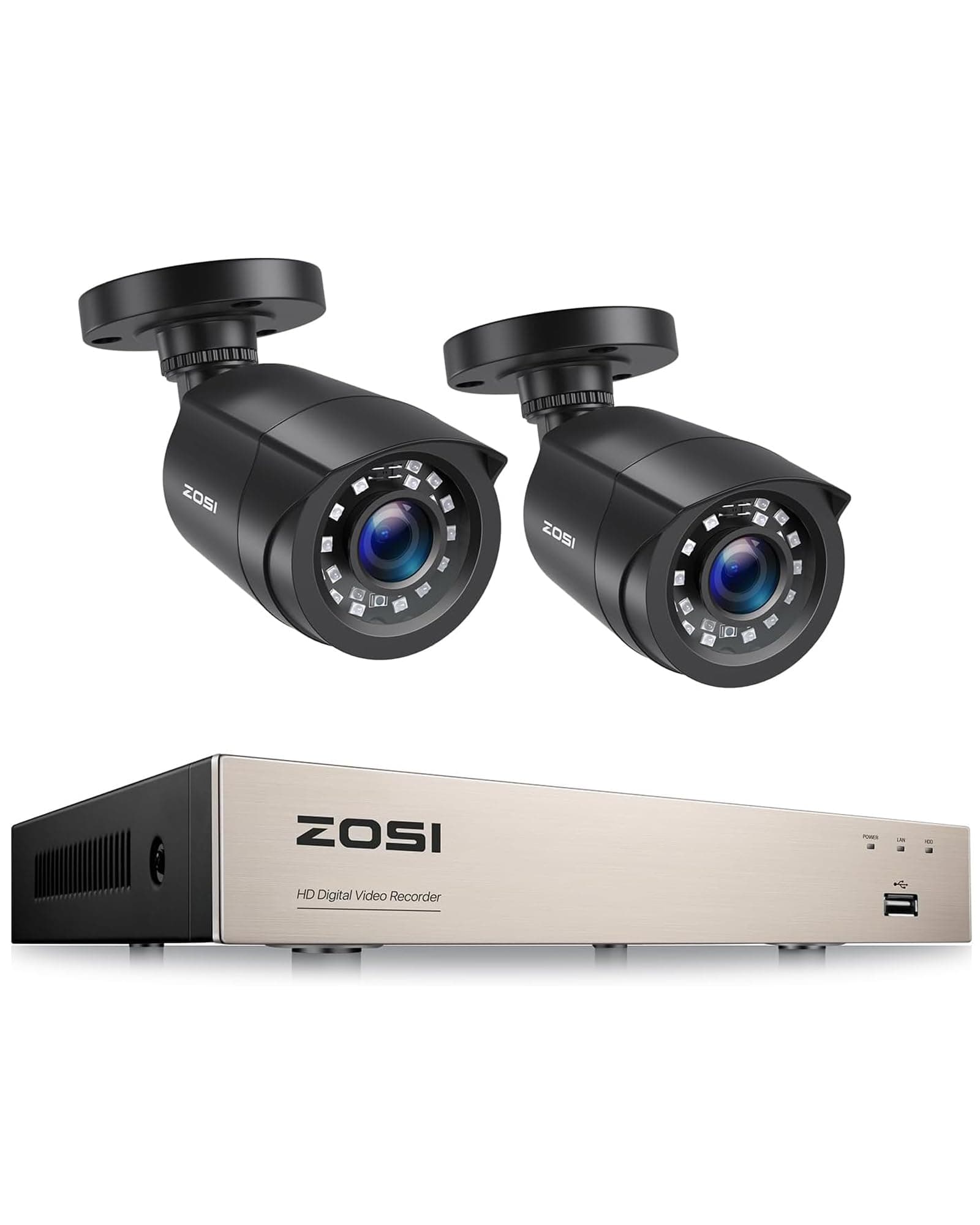 ZOSI CCTV Home Security Camera System, 8CH H.265+ 5MP DVR Recorder with 2pcs 1080p Outdoor Surveillance Camera, Human Vehicle Detection, Email Alert, 80ft Night Vision, IP66 Waterproof, No Hard Drive