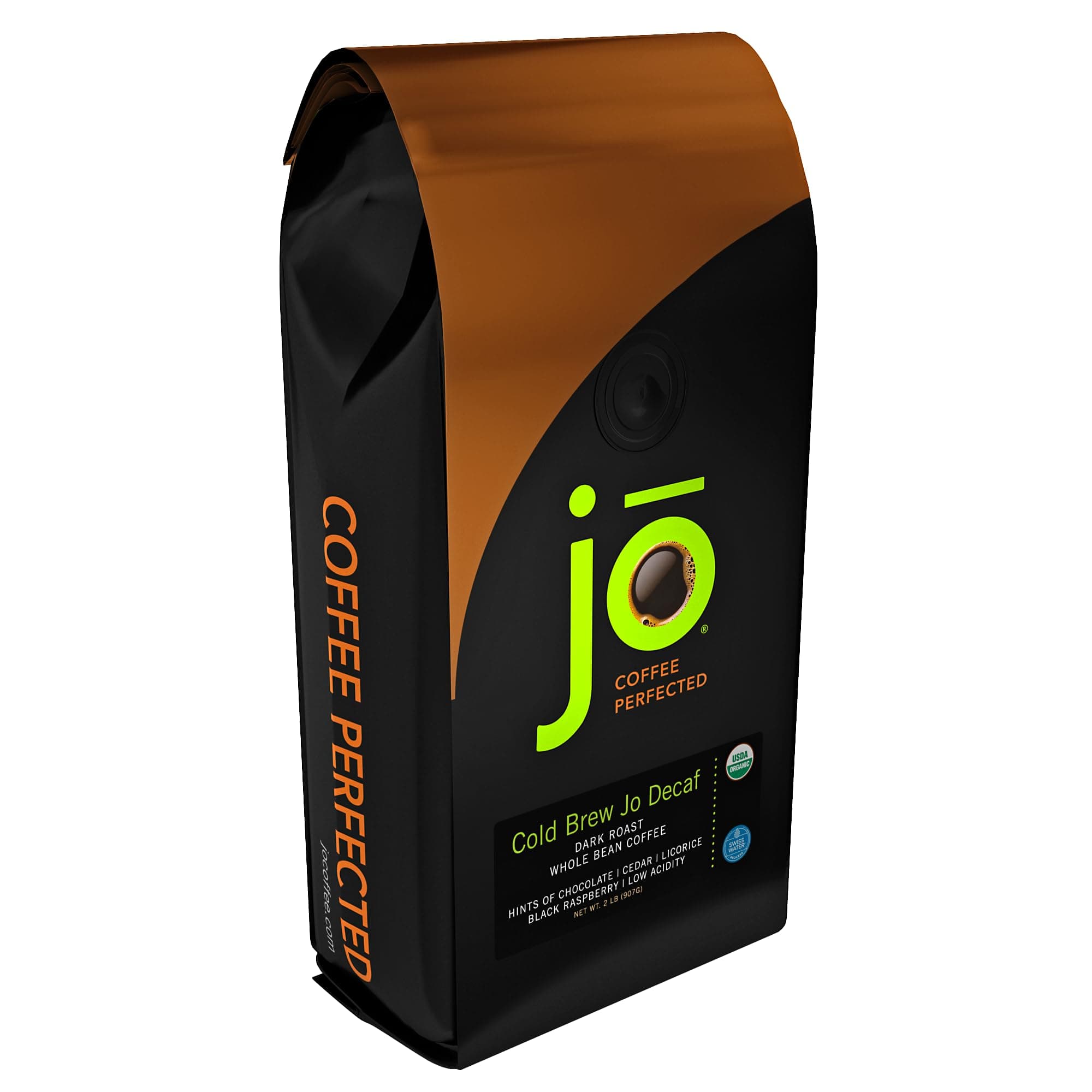 COLD BREW JO DECAF: 2 lb. Whole Bean USDA Organic Decaf Coffee, Dark French Roast, Swiss Water Process, Soft Velvety Texture, Low Acidity, Fair Trade Kosher, Gluten Free, Non-GMO, Chemical Free
