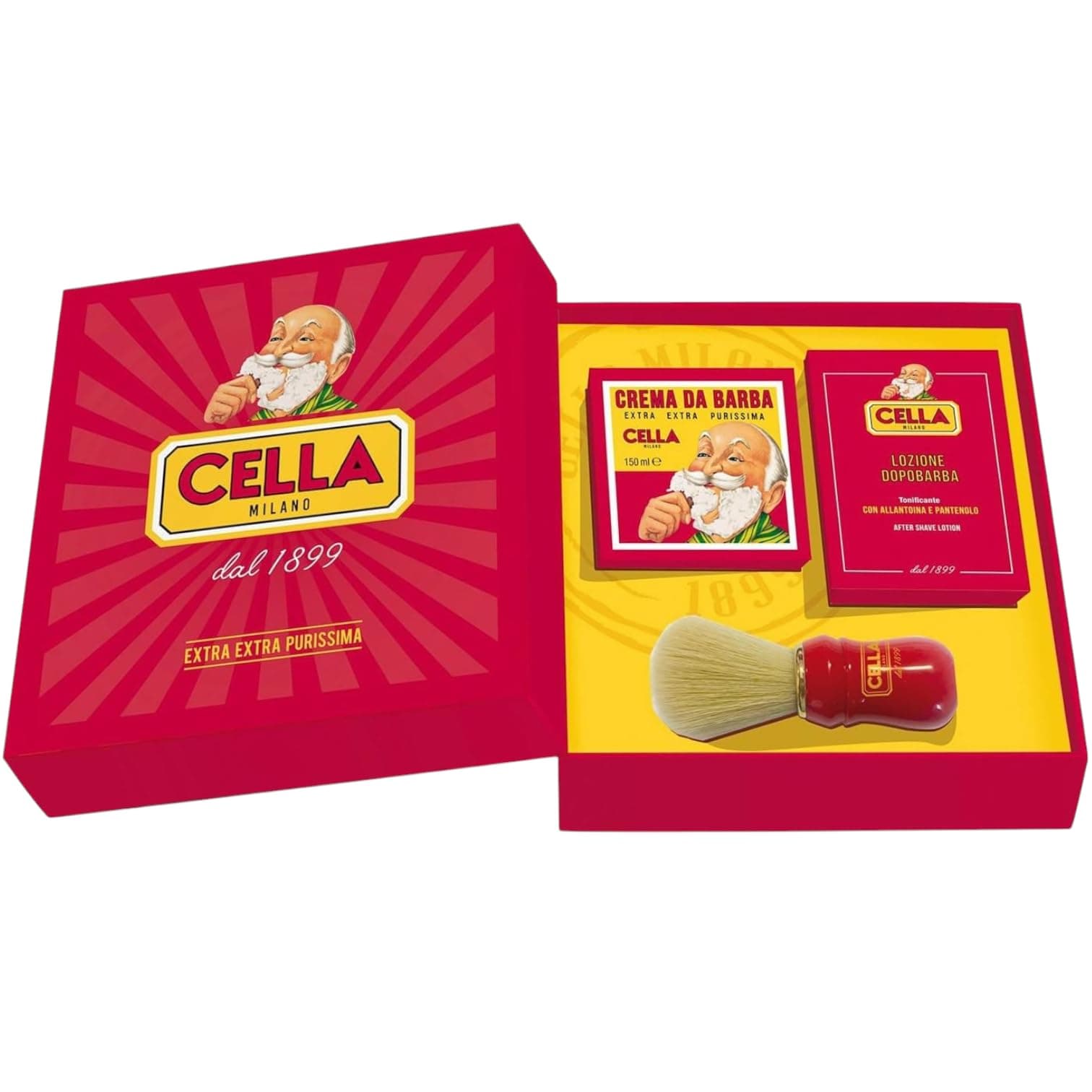 CellaLuxury Gift Set, Includes Cella’s Classic Shave Cream, After Shave Lotion and Boar Bristle Shave Brush, Made In Italy