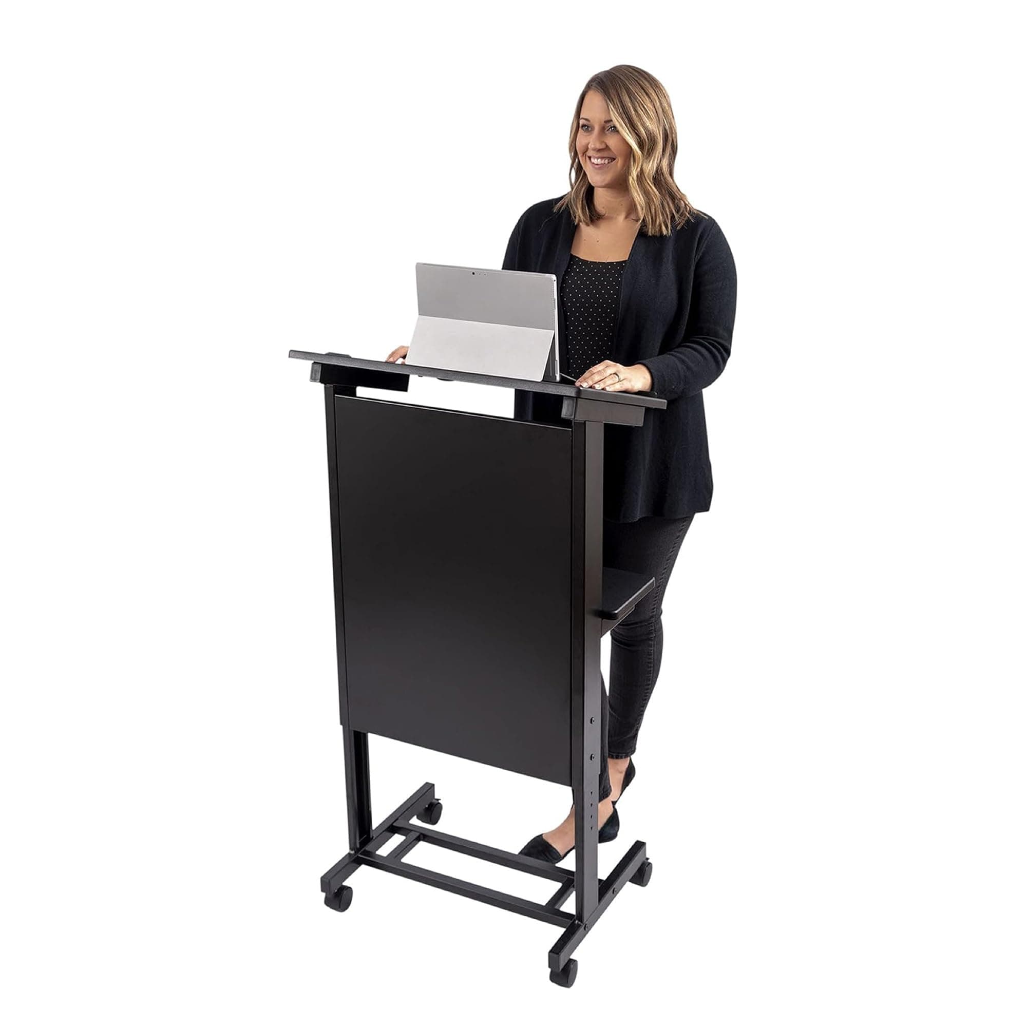 Stand Up Desk Store Mobile Adjustable Height Rolling Lectern Podium with Heavy Duty Steel Frame (Black Frame/Black Shelves, 25.5" Wide)