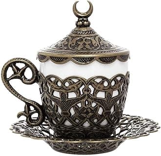 Alisveristime (1 Pc Turkish Coffee Cup - Traditional Design with Crescent Motif, Porcelain Cup and Saucer for Turkish, Greek, Arabic Coffee and Espresso (Gelincik) (Antique Green)