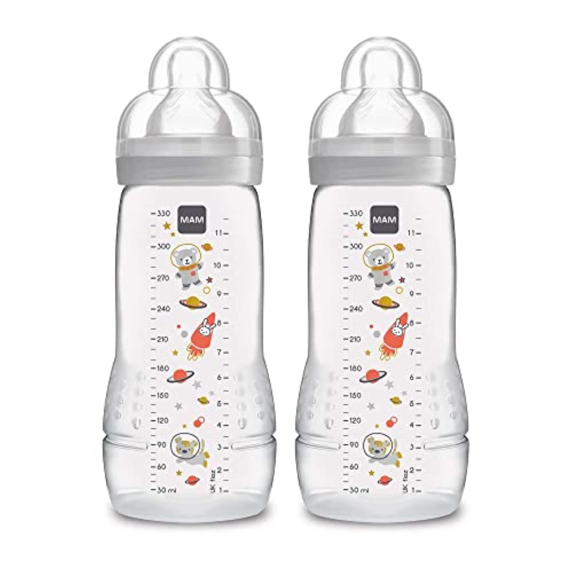 MAM Easy Active Baby Bottle 2 Pack, 11oz, BPA Free, Fast Flow Silicone Nipple, Anti-Slip Grip, Leak-Proof, 4+ Months, Cotton