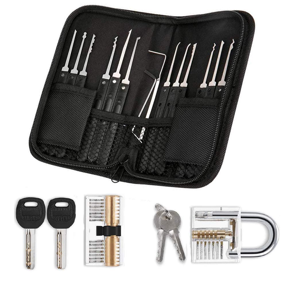 Loboo Idea 17 Pieces Lock Picking Set Locksmith Tools Tension Practice Training Kit with 2 Pack Transparent Padlock Picking Tool, Door Lock Picker for Beginner Professional (A, Black)