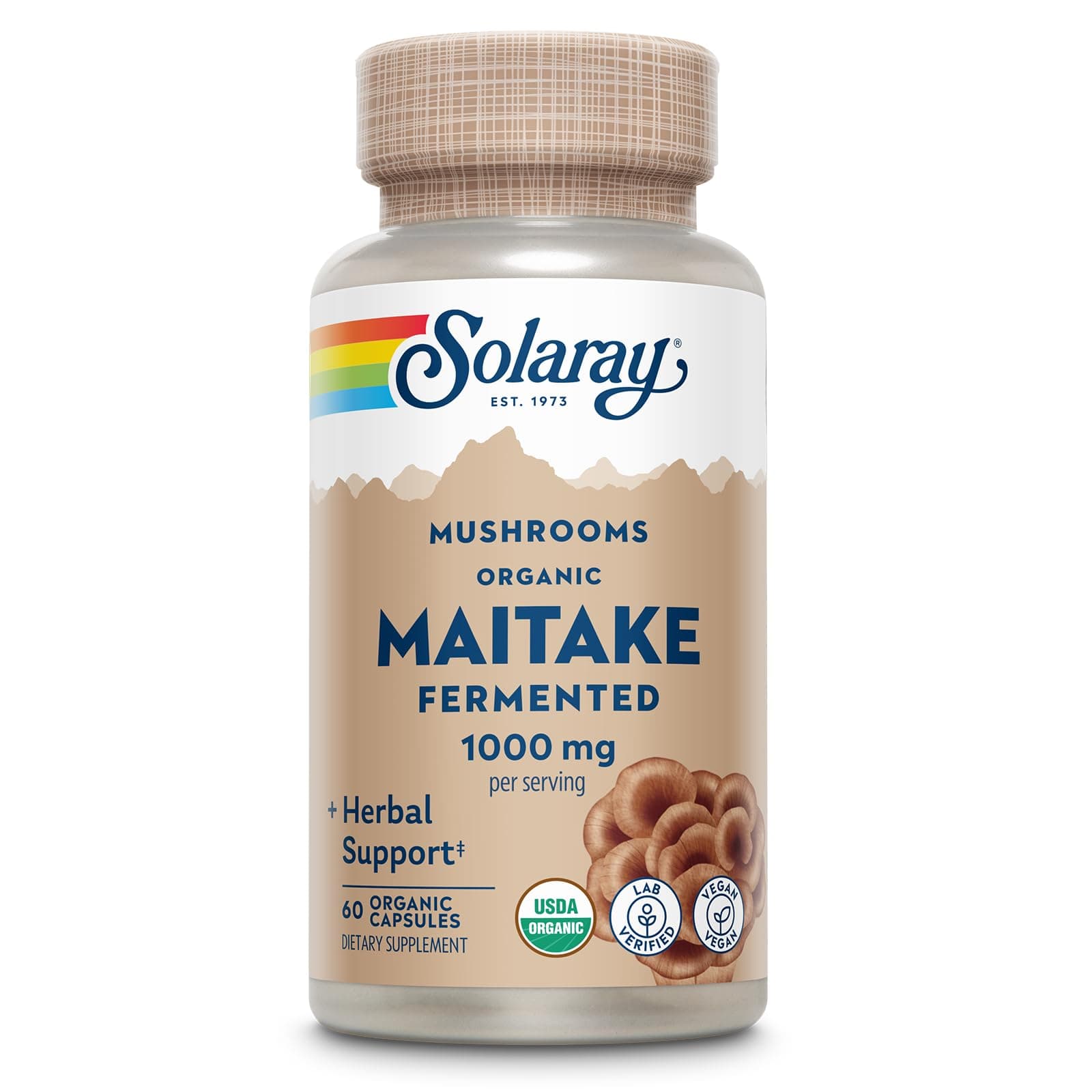 SOLARAY Organic, Fermented Maitake Mushroom Supplement 1000mg - Herbal Adaptogens - Powerful Mushrooms for Health and Wellness Support - Vegan, Gluten Free, 60-Day Guarantee, 30 Servings, 60 VegCaps