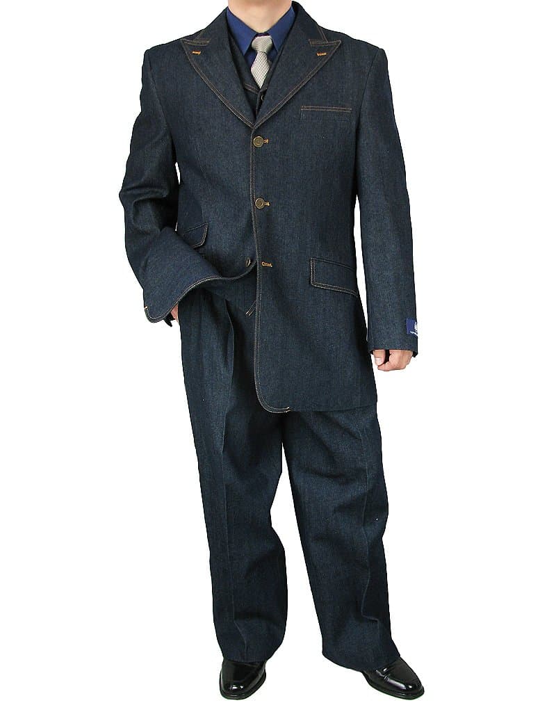 Sharp Men's 3-Piece 3-Button Wide-Leg Denim Suit - Navy 46R