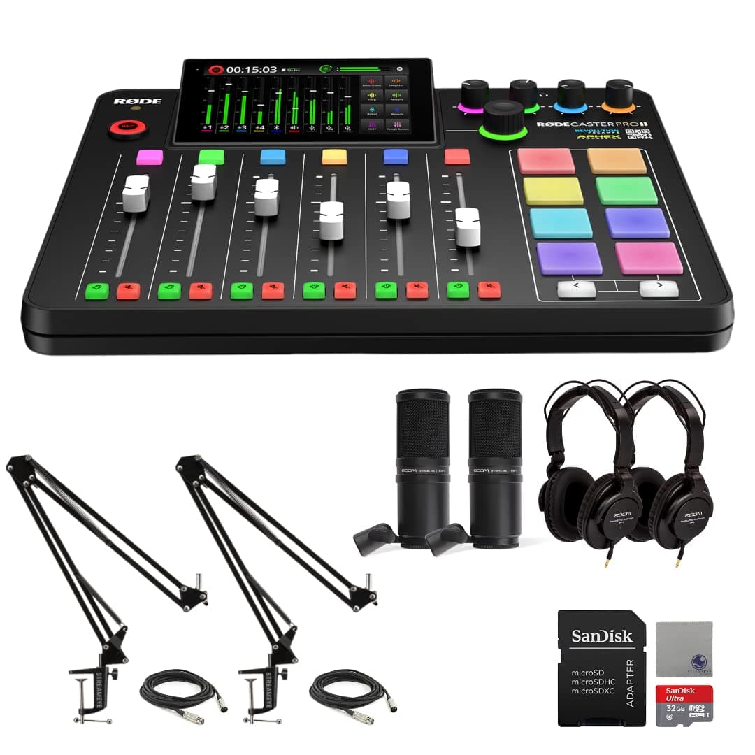 Rode RODECaster Pro II Audio Production Studio Bundle with 2x Zoom ZDM-1 Podcast Mic Packs, StreamEye Adjustable Boom Arms, 32GB microSD Card and StreamEye Polishing Cloth