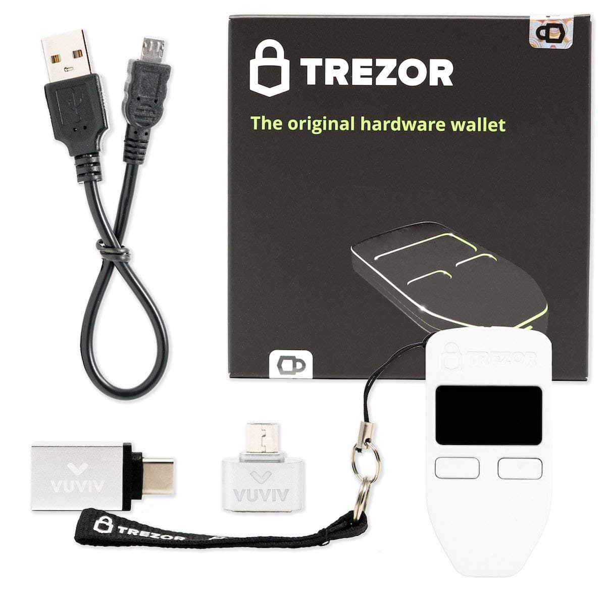 Trezor (White) Bitcoin Hardware Wallet Bundle with Micro-USB Adapter and USB-C Adapter for MacBook (3 Items)
