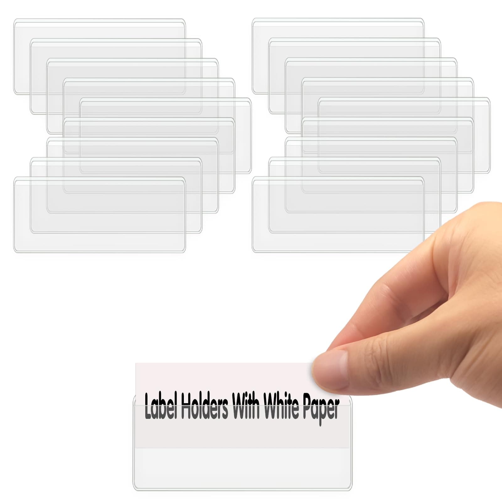 Self Adhesive Label Holders, ELEMGULY 104 Pack Adhesive Shelf Tag Shelf Label Holder Clear Pocket Holder with Paper for Supermarket, Bookshelf, Kitchen (2 x 1 Inch)