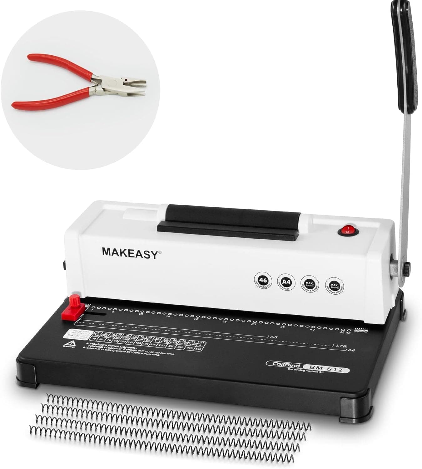 Spiral Binding Machine, 4:1 Pitch, 12 Sheets Punch Capacity, Electric Coil Insert, Book Binder Machine for A4/A5/Letter Size Paper, Come with 1 Box pcs 5/16'' Coils & Pliers