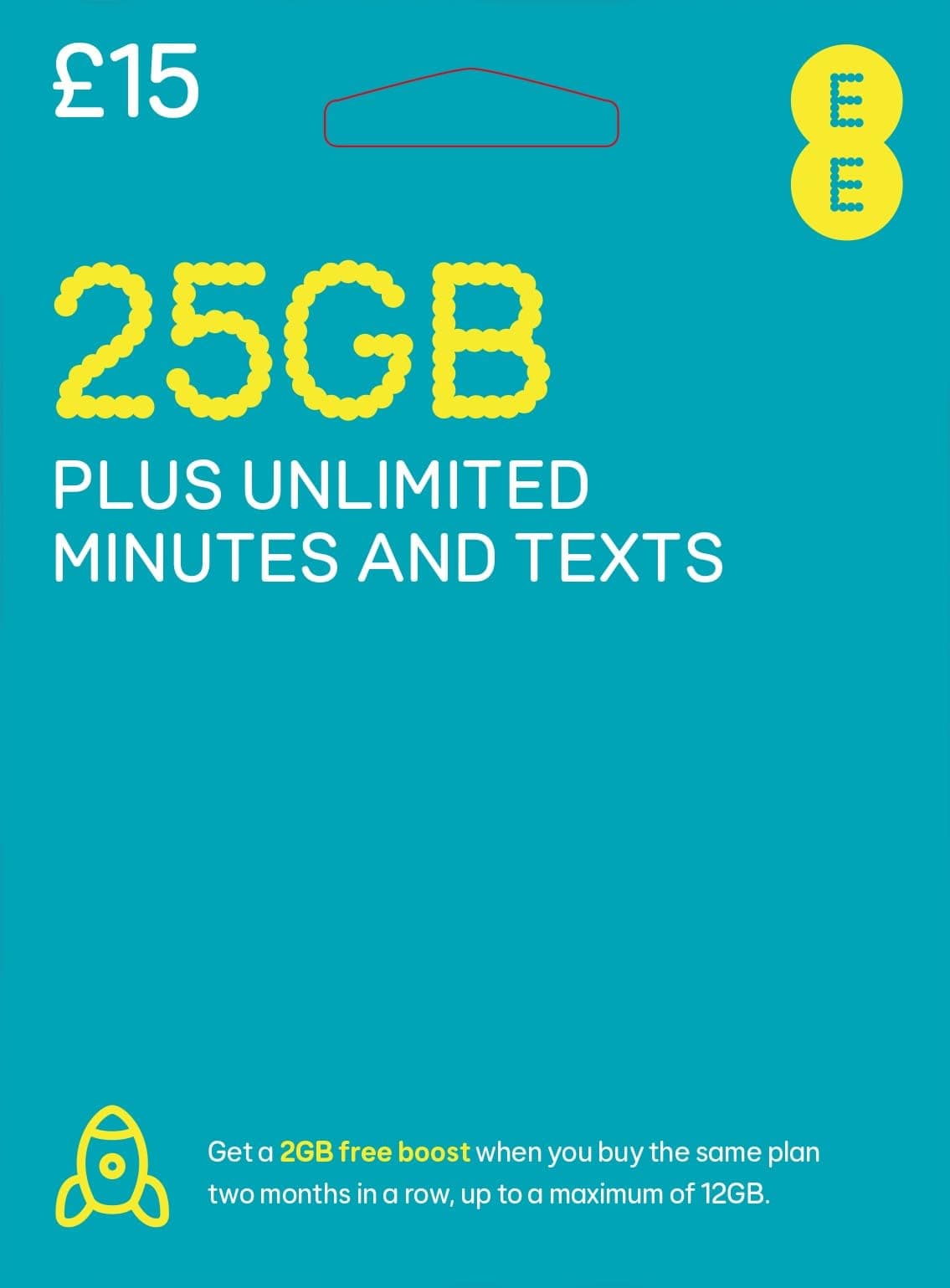 EE 25GB Data Sim includes £15 pre-paid credit, 25GB Data, Unlimited Minutes & Unlimited Texts