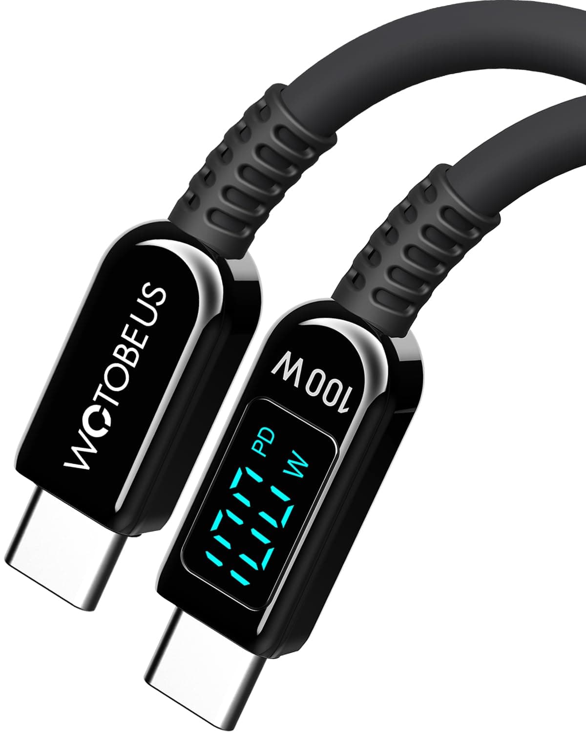WOTOBEUS 6.5ft Silicone USB-C to USB-C Cable with LED Power Display, Real-Time Digital Screen Shows Fast Charging Wattage, Soft Touch Cord for iPhone, Galaxy, Pixel, iPad, Tablets, MacBook, Laptops
