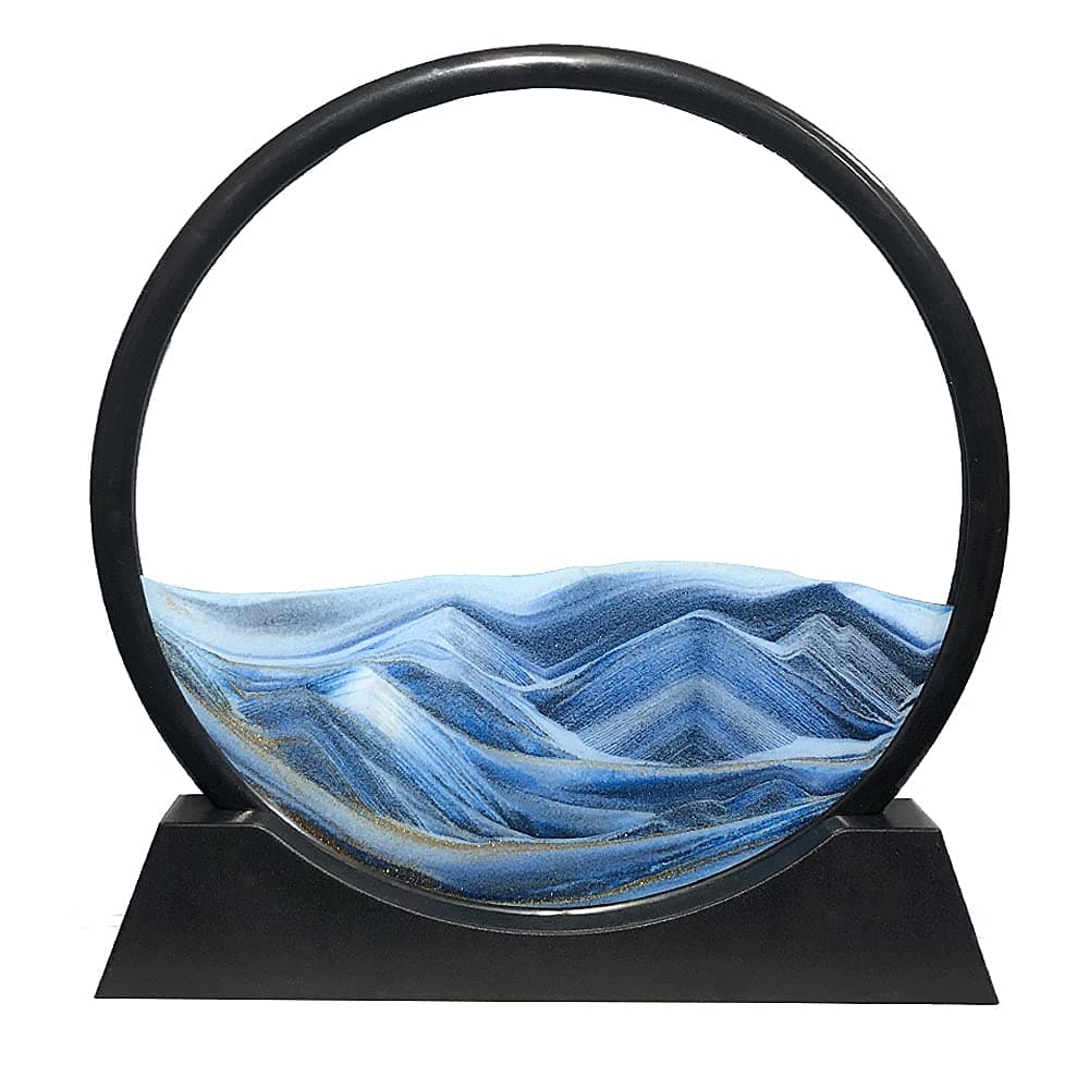 Moving Sand Art Picture Round Glass 3D Deep Sea Sandscape in Motion Display Flowing Sand Frame Relaxing Desktop Home Office Work Decor (7", Blue)