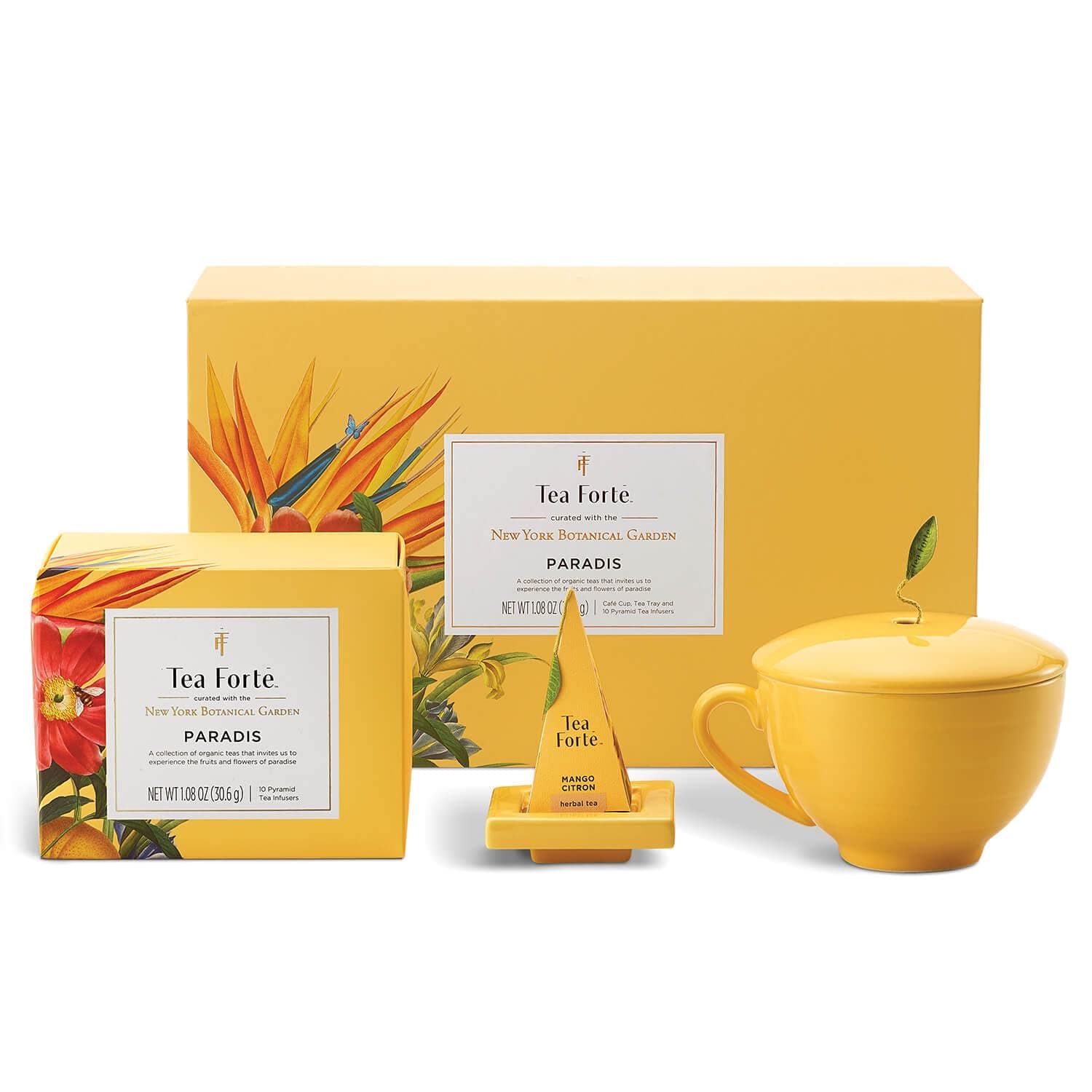 Paradis 3-Piece Premium Tea Gift Set with Mango Yellow Cafe Cup with Lid, Tea Tray and 10 Assorted 2 of Each Variety Organic Handcrafted Pyramid Infuser Tea Bags