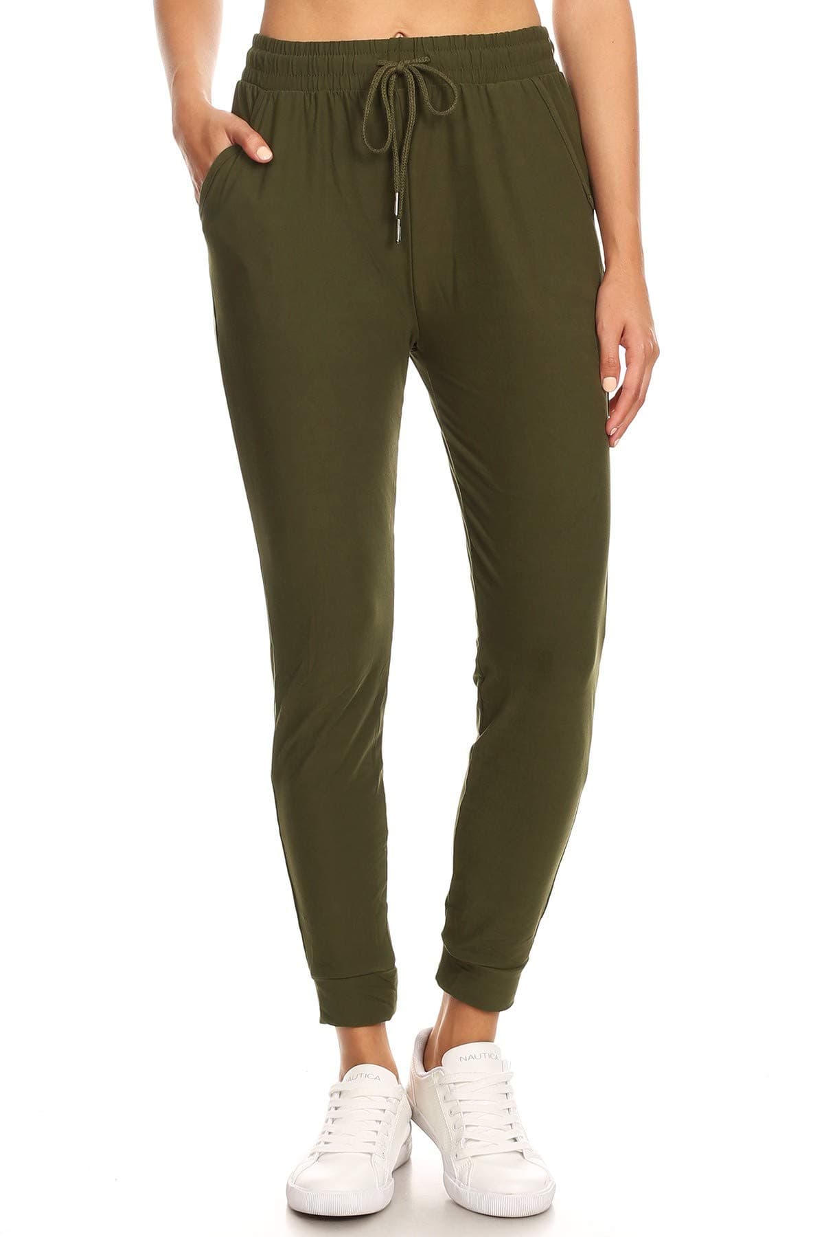 LA12ST Women's Juniors Soft Olive Jogger Pants Drawstring Pockets