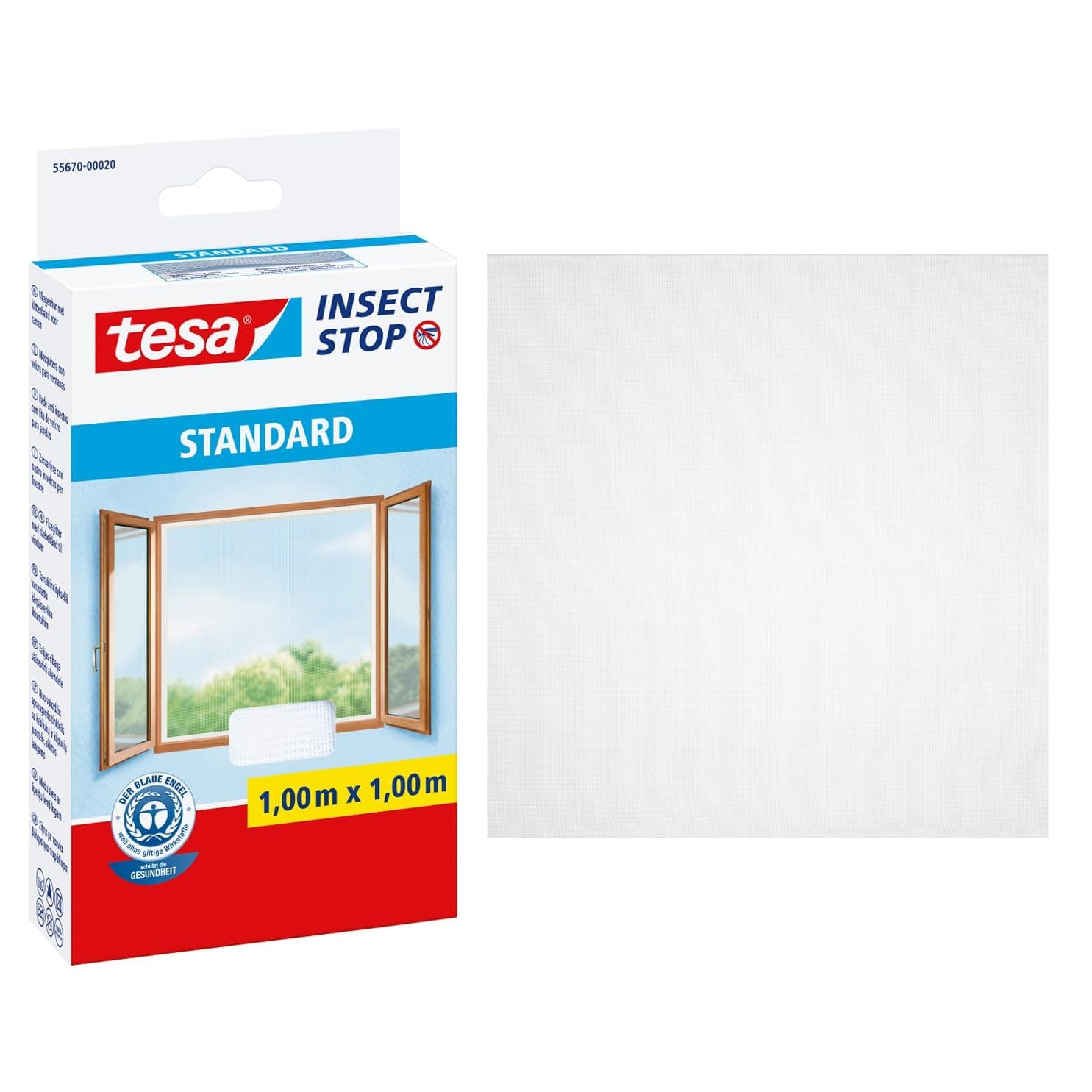 tesa Insect Stop Hook & Loop STANDARD for Windows - Self Adhesive Window Fly Screen - Cut to Desired Size - in White, 1.0m x 1.0 m