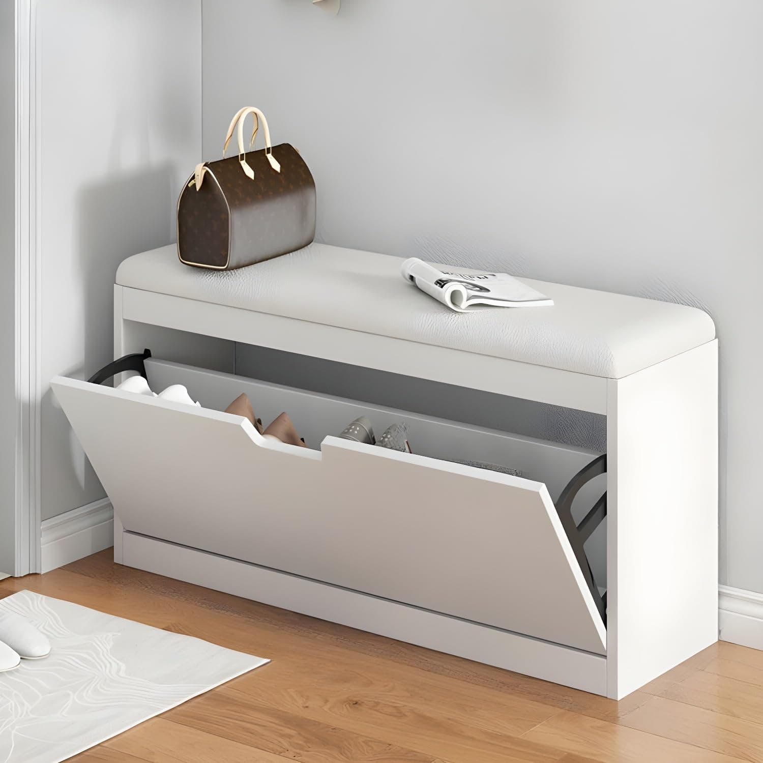 LITFAD Modern Shoe Storage Bench with Doors Entryway Shoe Bench with Cushion Seat Hallway Bench with Shoe Storage Cabinet Free Standing Hidden Shoes Organizer - 31" L x 7" W x 18" H White