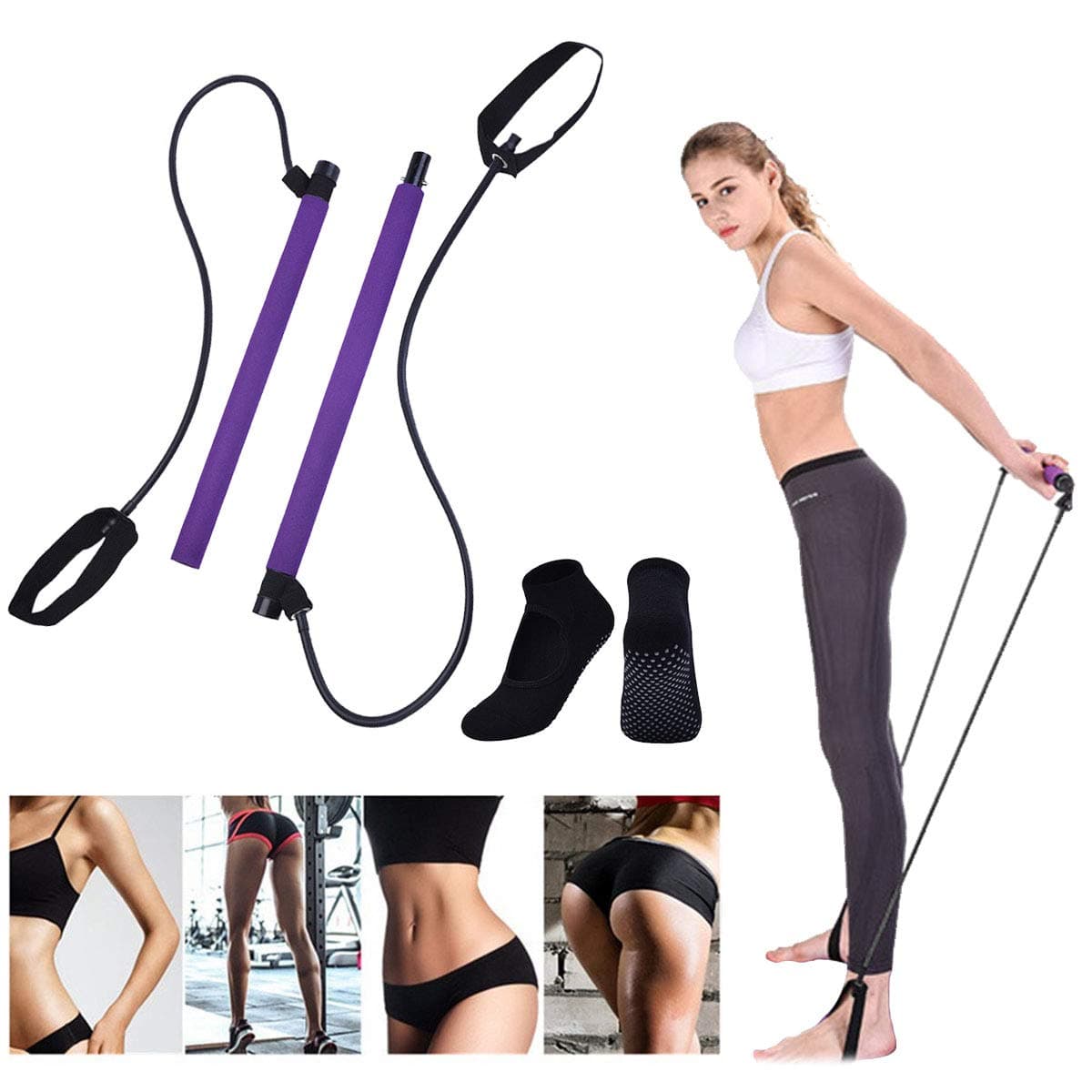 Portable Pilates Resistance Stick Kit with Workout Socks Adjustable Exercise Stretch Band Yoga Toning Bar with Foot Loop Muscle Hipsline Fitness Training Equipment for Home Gym Total Body (Purple)