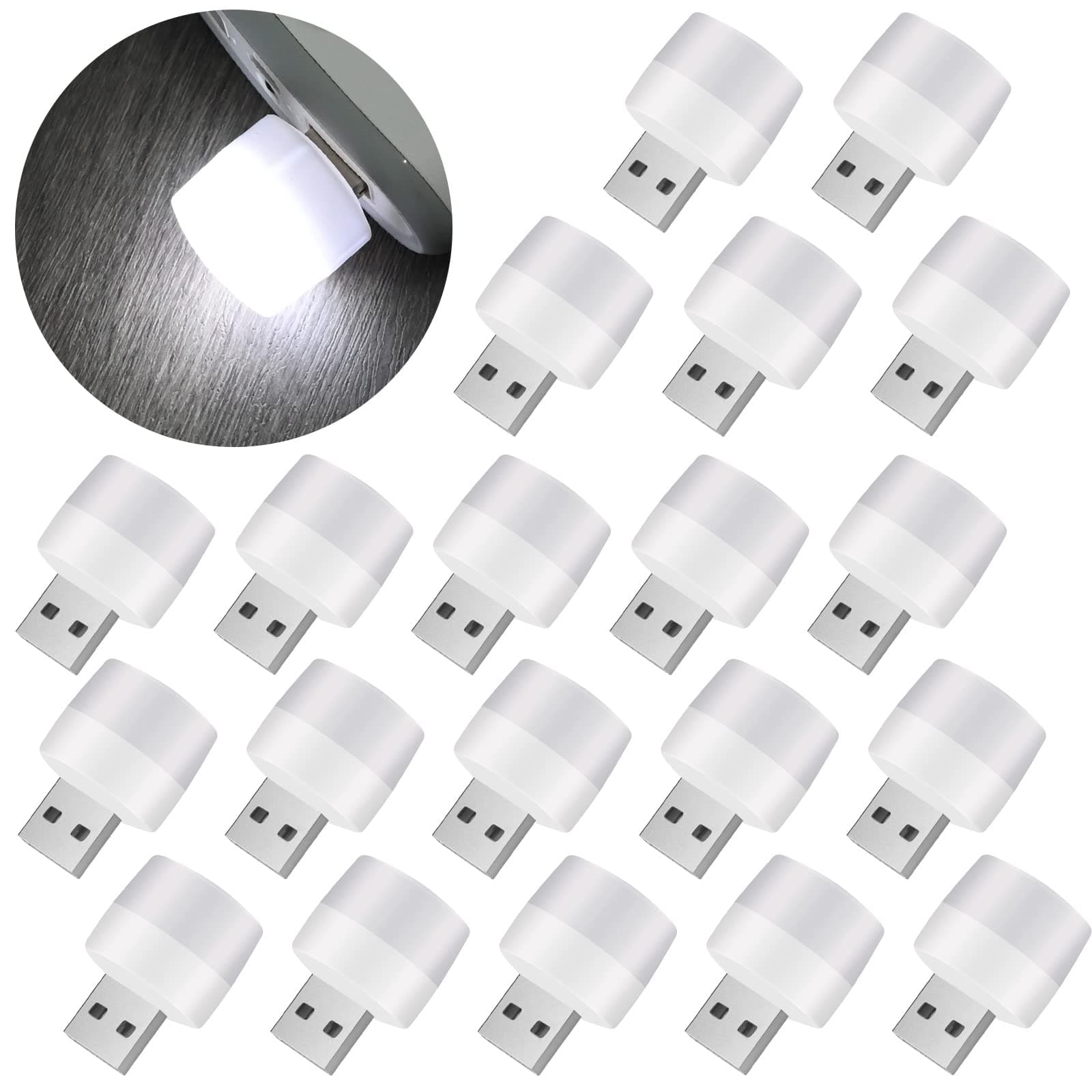 Pack of 20 Mini Portable USB Night Light, Mobile Small Round Plug-in LED Beads Lights USB Atmosphere Light for Bedroom, Bathroom, Corridor, Children's Room, Nursery, Kitchen, Car (White Light)