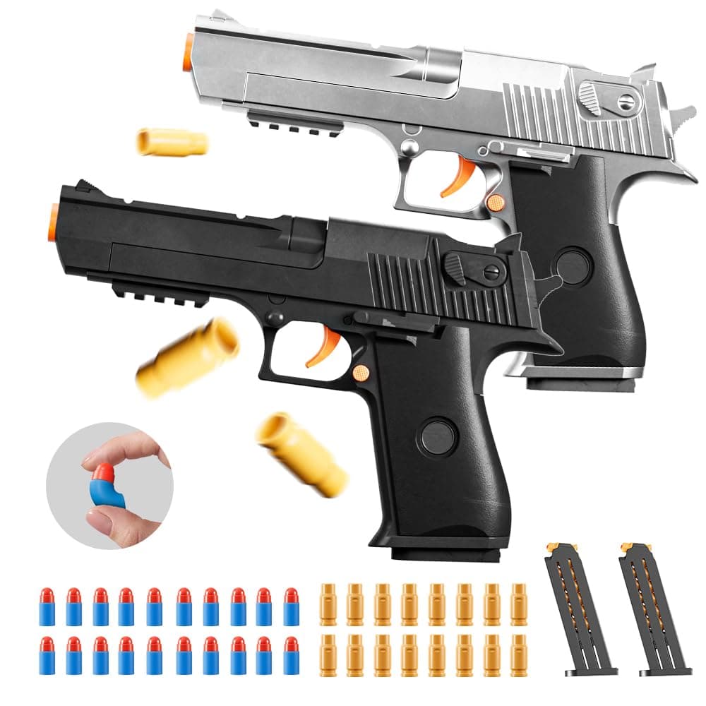 2Pack M1911 EVA Soft Foam Ejection Toy Blaster, Shooting with Foam Darts, Shooting Games, Backyard Fun and Outdoor Games, Education Toy Model for Boys Girls Halloween Christmas Ages 8+ (Black+Silvery)