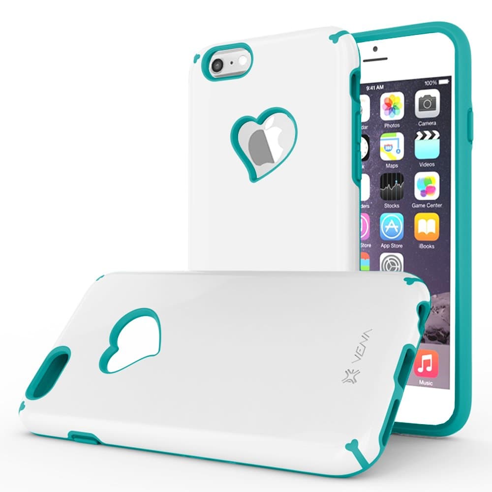 iPhone 6S Plus Case, Vena [vLove] Heart-Shape Rear Window Dual Layer Hybrid Bumper Cover for Apple iPhone 6 Plus / 6S Plus (5.5")- White / Light Blue
