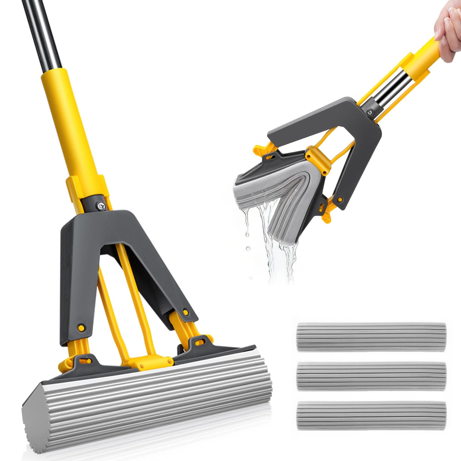 MASTERTOP Easy Floor Cleaner with Self-Squeeze Wringing, Hands-Free Extended Highly-Absorbent PVA Sponge Mop for Laminate, Tile, Hardwood Floor - Send 3pcs Sponge Mop Heads