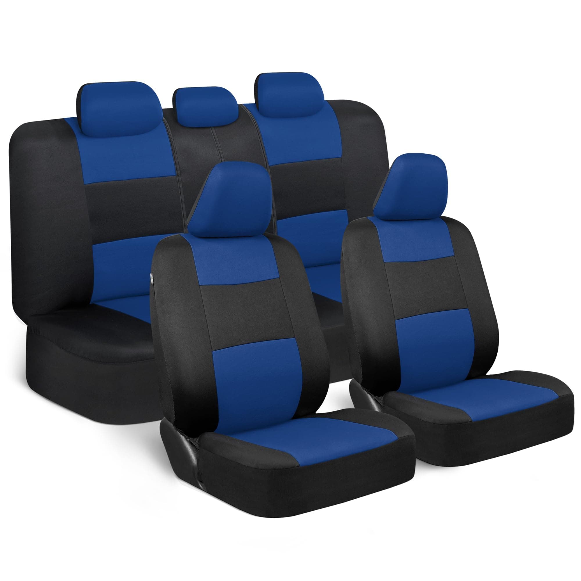 BDK PolyPro Car Seat Covers Full Set in Blue on Black, Front and Rear Split Bench Seat Covers for Cars, Easy to Install Car Seats Cover Set and Accessories for Auto Trucks Van SUV - Blue