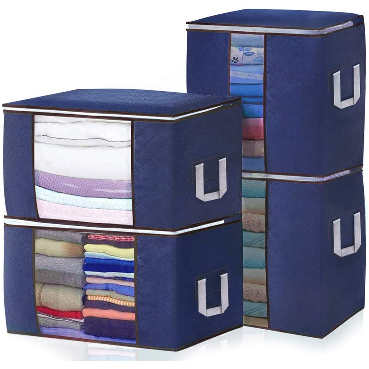 Clothes Storage Bag, Large Capacity Foldable Underbed Storage Bags with Sturdy Zipper and Reinforced Handles for Comforters, Blankets, Bedding (Navy Blue, Storage Bags- 2pcs 94.5L & 2pcs 90L)