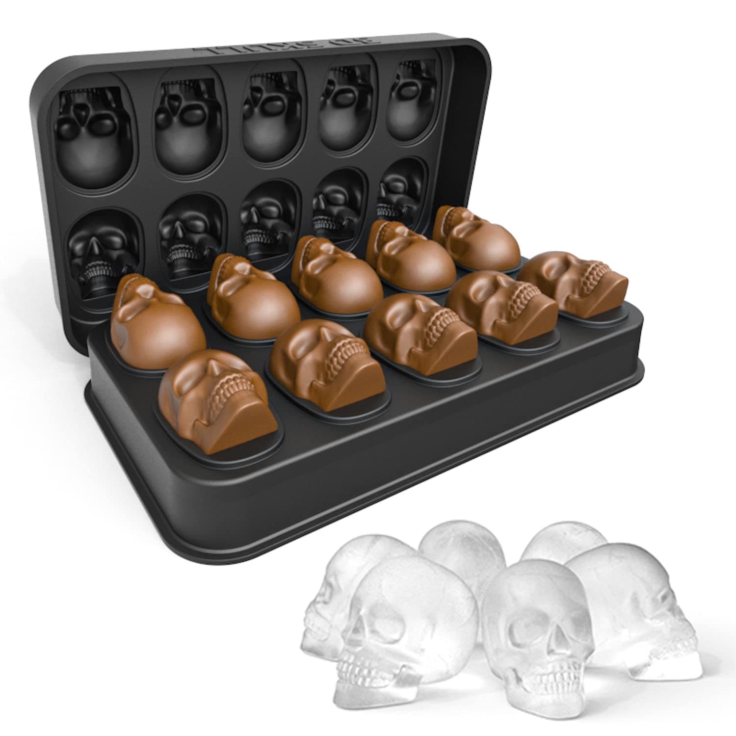3D Skull Ice Cube Tray with Lid,BPA Free Silicone Ice Cube Moulds Makes 10 Skulls,for Whiskey, Cocktail and Party Drinks Black