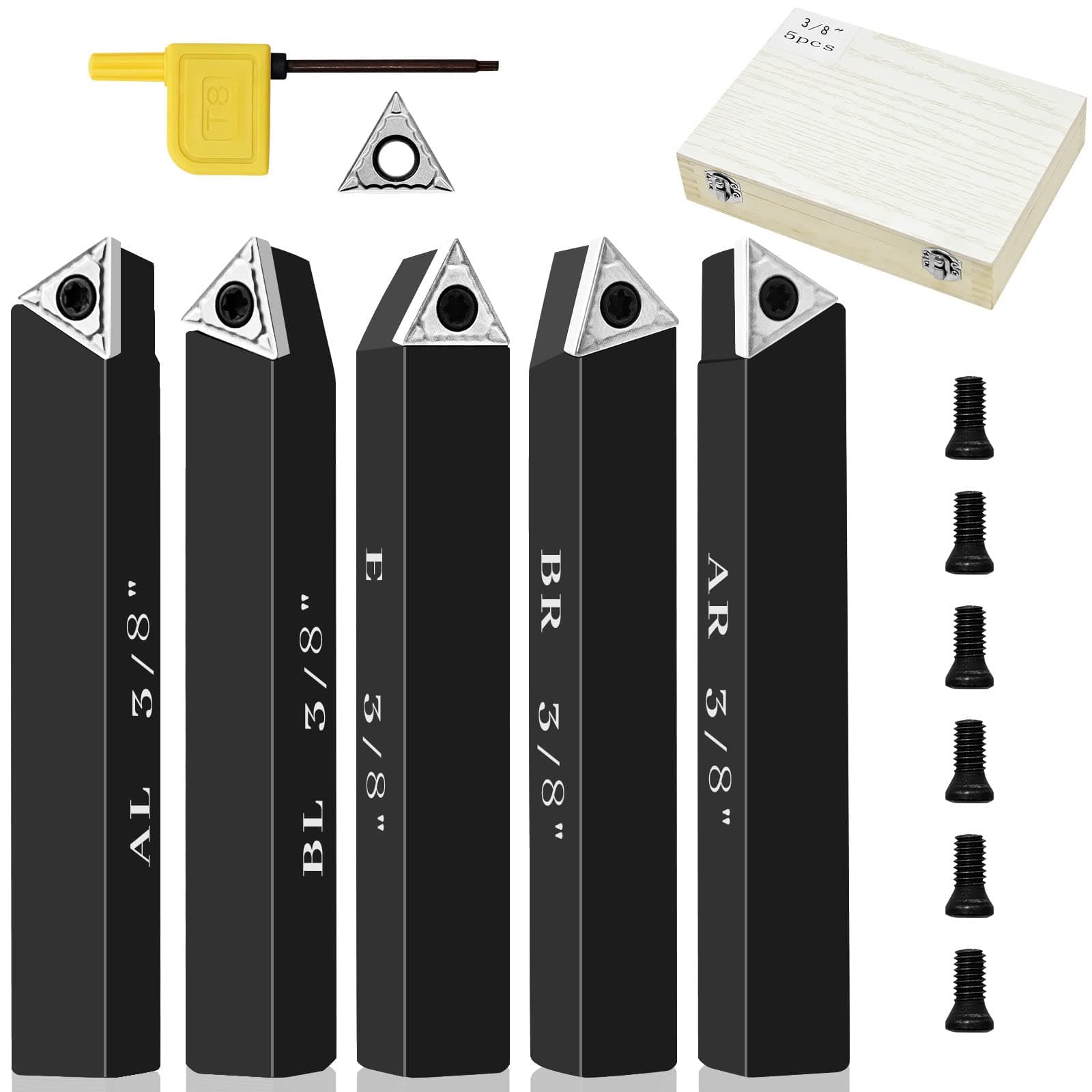 3/8" Indexable Carbide Turning Inserts Holder Set for Machining Lathes, 5 Pcs Set Metal Lathe Tools Inserts Bits with Carbide Inserts TCMT110204.