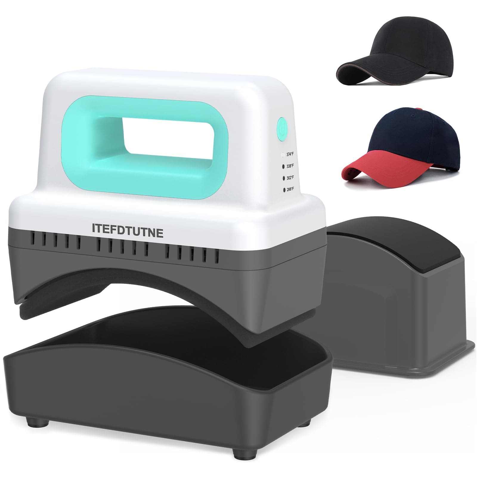 Hat Press Machine, Mini Hat Heat Press Machine with 4 Heating Levels & Auto-Off, Handheld Cap Easy Press with 3.5"×5.5" Curved Heat Plate, 2 Press Platens, A Safety Base, Green