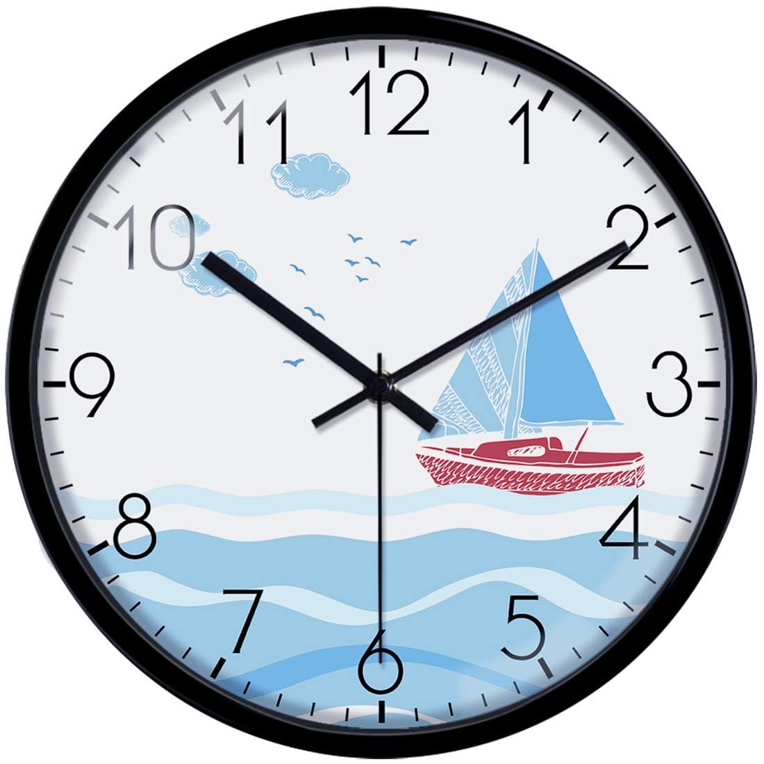 VIKMARI 12 inch Glass Wall Clock, Black Frame and Hands Non Ticking Clocks, Boat in The Sea Pattern, Quartz Battery Operated Wall Clock for Bedroom, Living Room and School Classroom