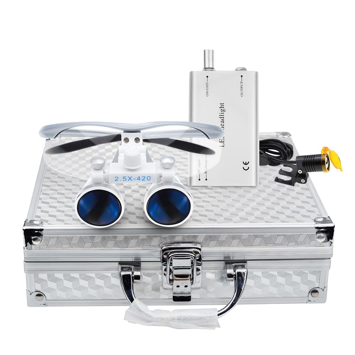 EustomA 2.5X Binocular Loupes Optical Glasses +3W LED Headlight Lamp with Filter + Aluminum Box Silver