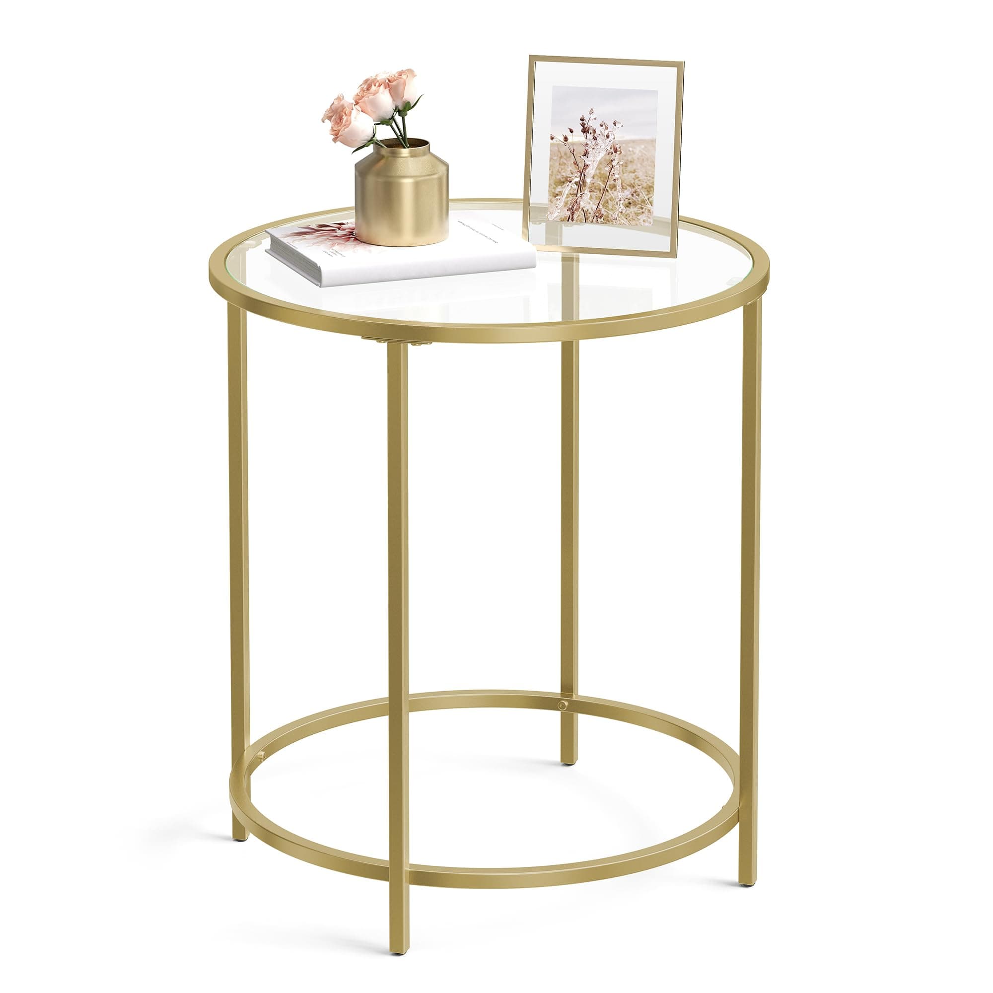 VASAGLE Round Side Table, Tempered Glass End Table with Golden Metal Frame, Small Coffee Table, Bedside Table, Living Room, Balcony, Robust and Stable, Decorative, Gold ULGT20G