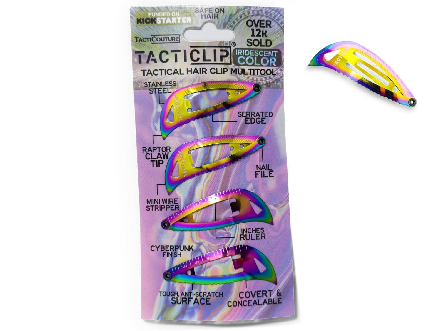 Iridescent Tactical Hair Clips 2.0, 4 Pack - Multitool Snap Barrettes - SUS301 Stainless Steel Multi-Functional Keychain Multi Tool - Nail File, Serrated Edge, Raptor Claw - Kippah Tacticlips
