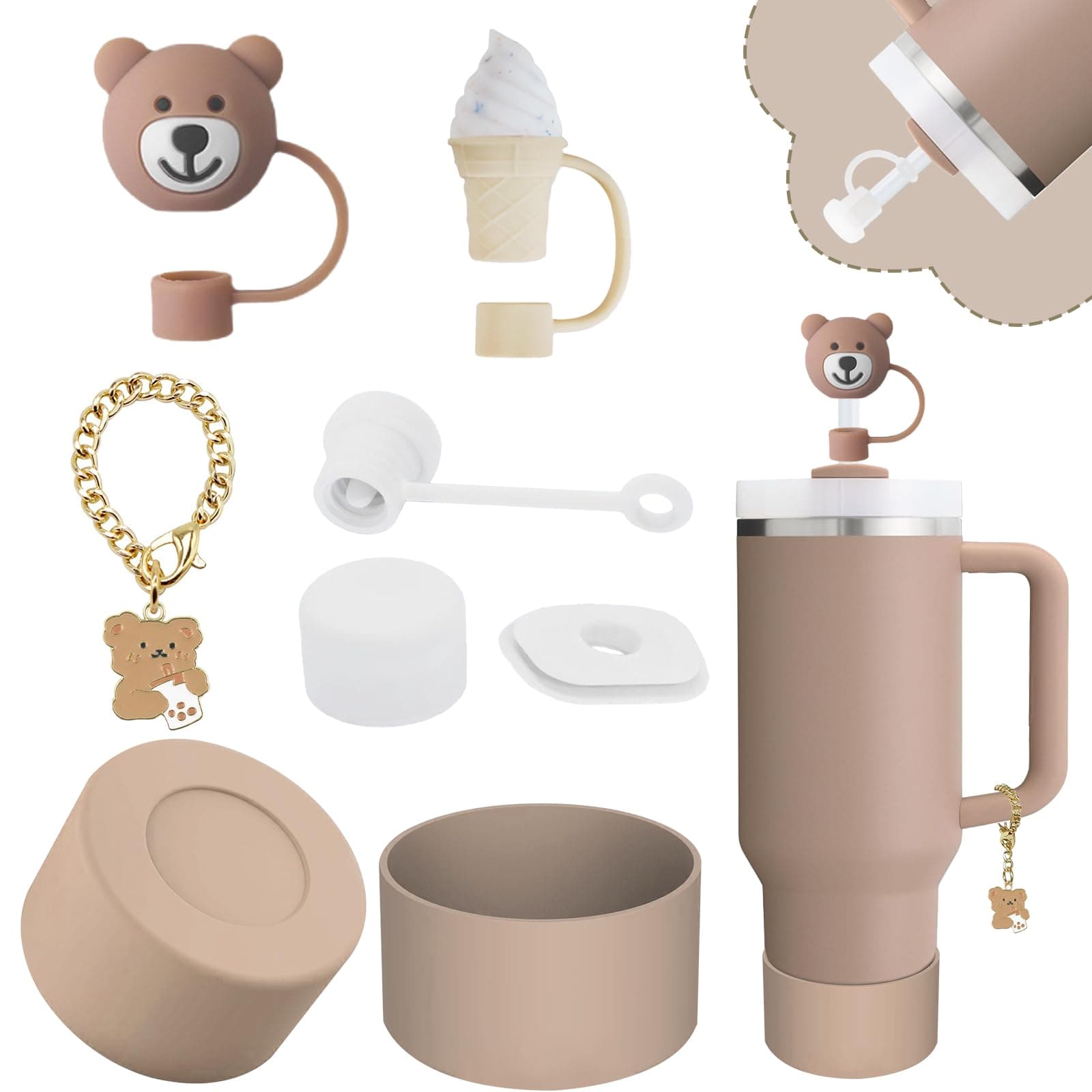 Stanley Cup Accessories Set,Including 2 Pcs 0.4in Straw Cover, 1 Silicone Spill-Proof Stopper Set of 3, 1 Cute Bear Handle Charm, 1 Silicone Boot Fits Stanley 40&30 Oz Tumbler (Almond Rose)