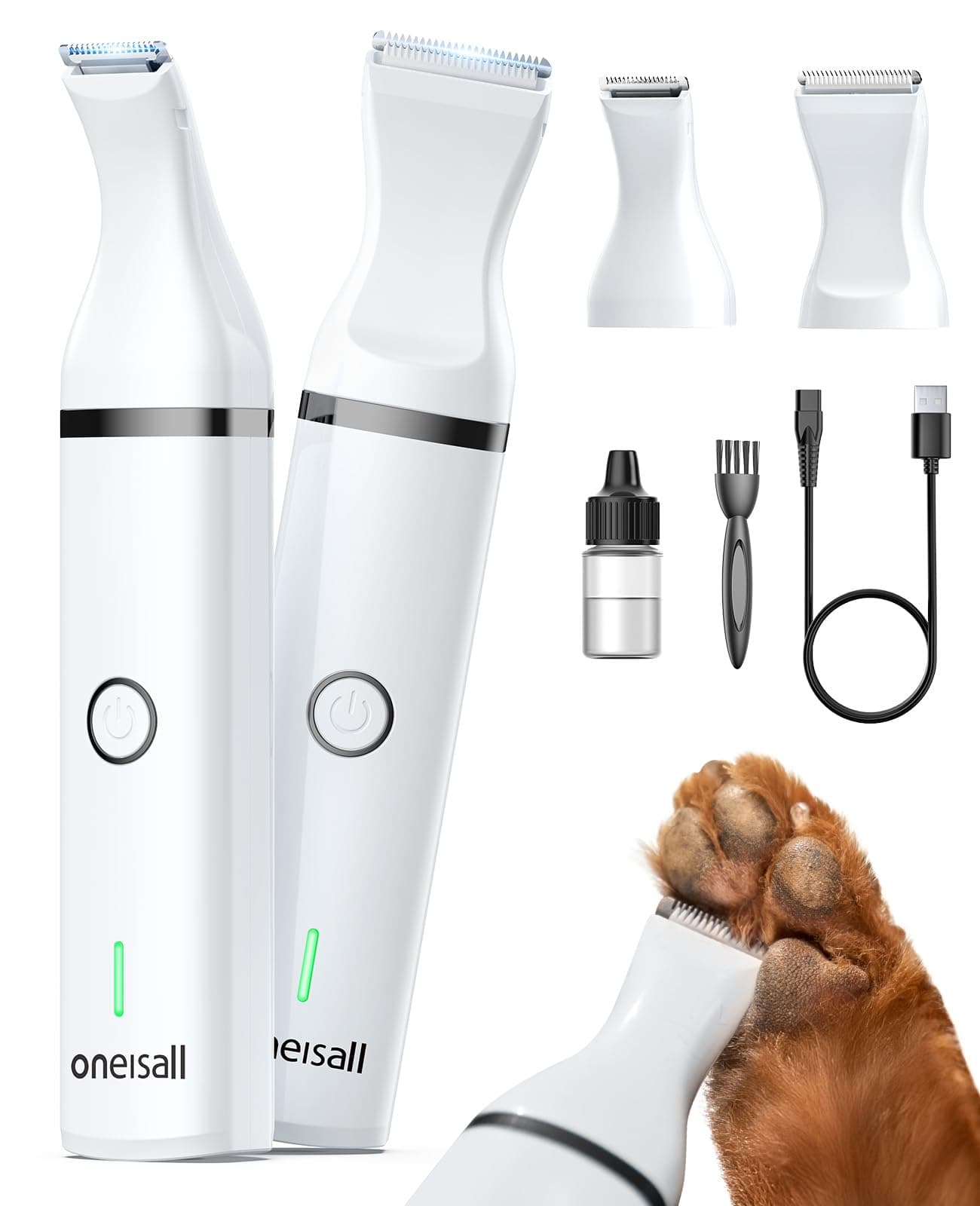 - oneisall Dog Clippers with Double Blades,Cordless Small Pet Hair Grooming Trimmer,Low Noise for Trimming Dog's Hair Around Paws, Eyes, Ears, Face, Rump (White)