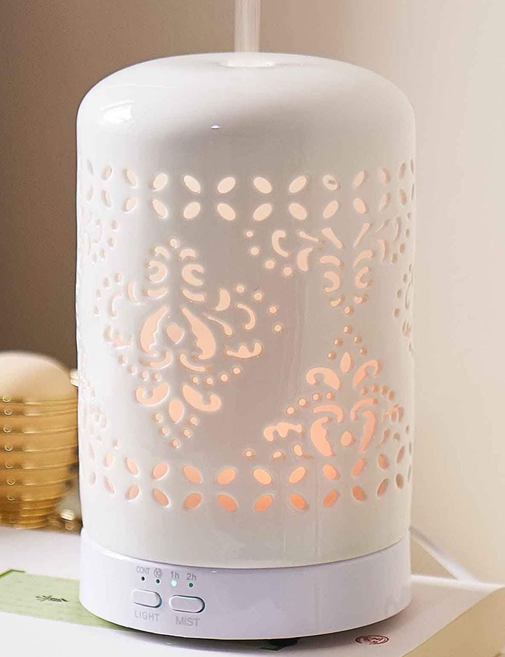 Altrasonic Diffuser for Essential Oil, White Ceramic Aromatherapy Diffuser with 4 Timer&7 Color Changing Light, Cool Mist Humidifier for Home Office Bedroom, BPA-Free（Brocade）