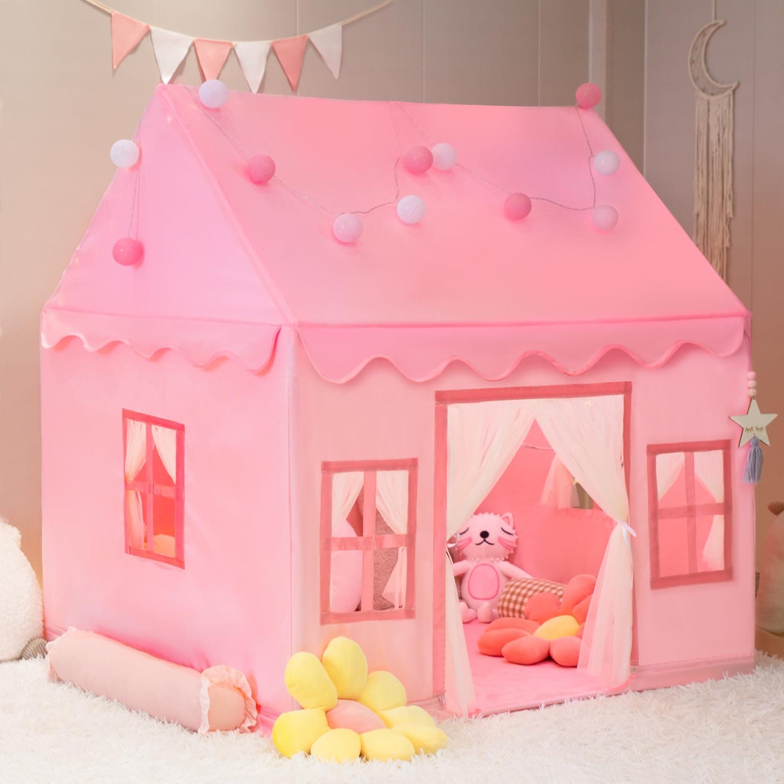 Large Kids Tent Playhouse Basic Mat with Star Lights, Flags and Tote Bags, Play Tent Indoor & Outdoor, Washable Teepee Tent for Boys & Girls, Kids Play House for Toddler（Pink）