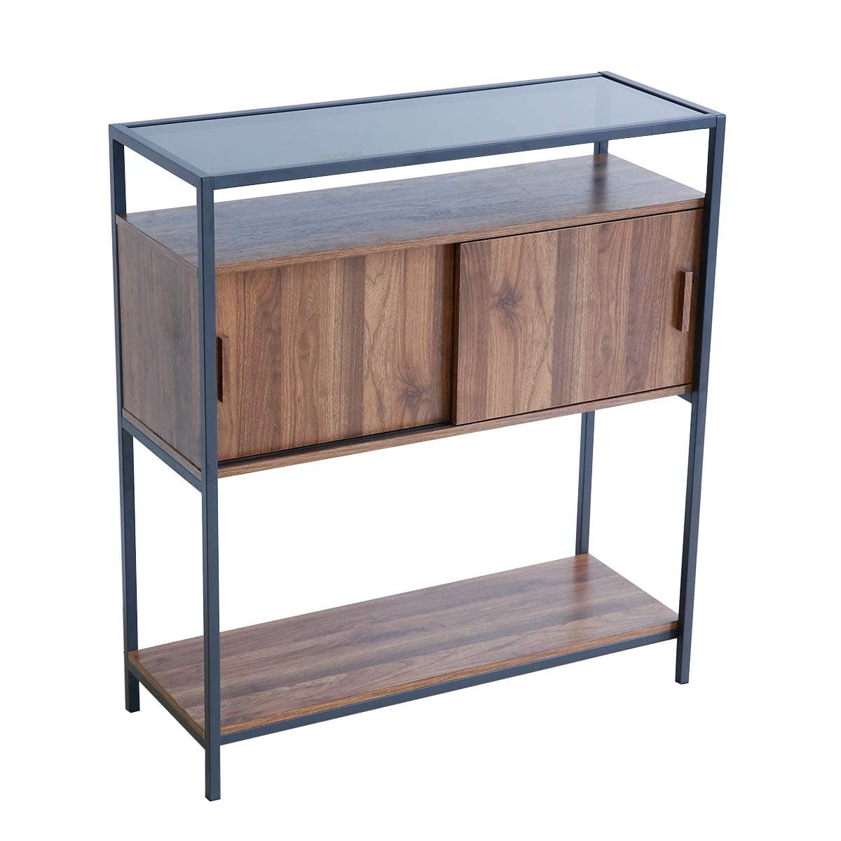 Roomfitters Entryway Console Table, Glass top Sofa Table with Sliding Door for Hallway Foyer, 2-Tier Display Shelf, Multipurpose Rectangular Modern Cabinet Table, Oak Wood