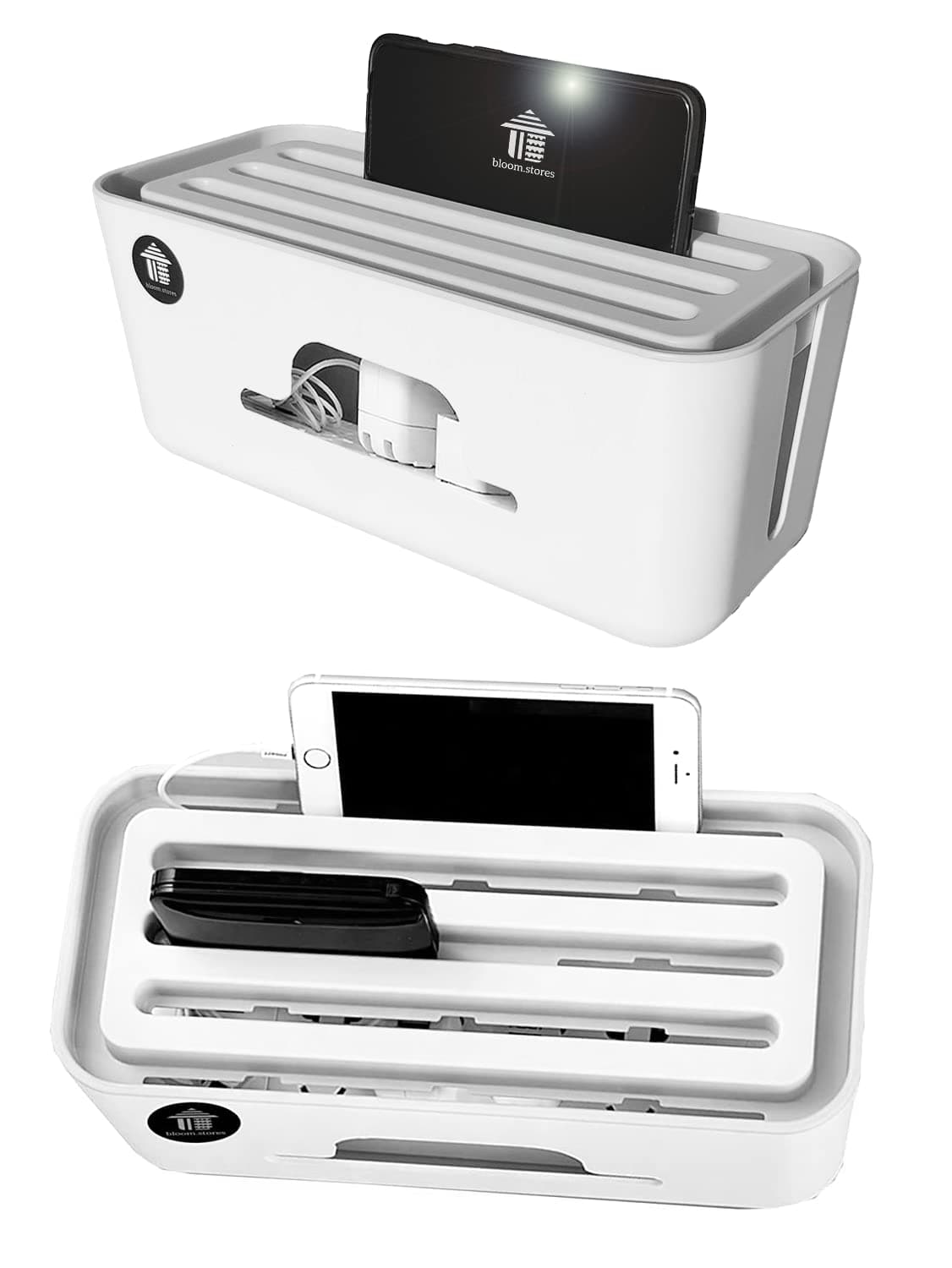 HOME 360Bloom.Stores Advanced Cable Management Box Extension Large Wire Organizer Box with Slotted Top for Phones, Tablets - Surge Protection for Your Home and Office - High Features (Large, White)