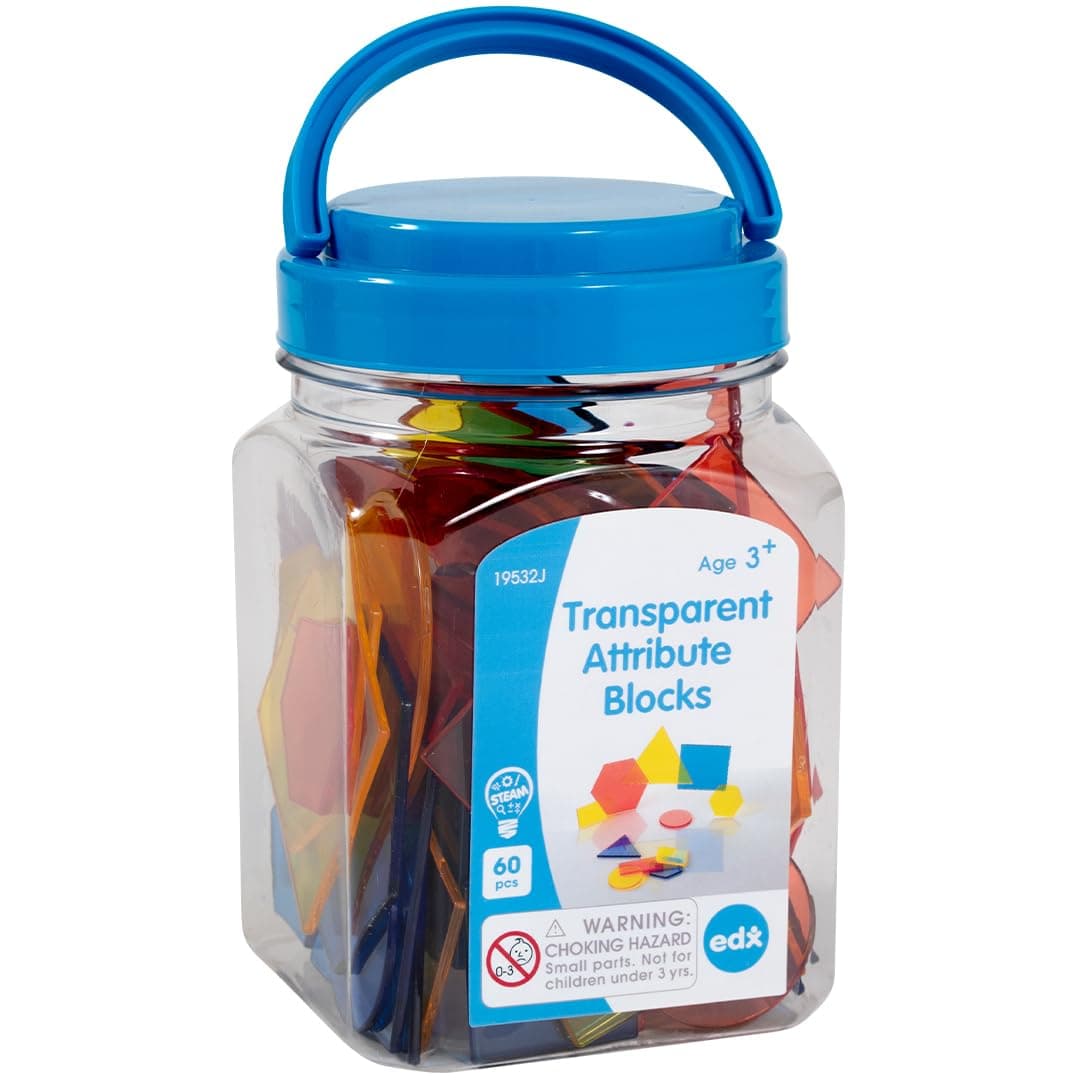 edx education Transparent Attribute Blocks - Mini Jar - Colorful, Plastic Shapes - Light Box Accessory - Sensory Play - Math Manipulative