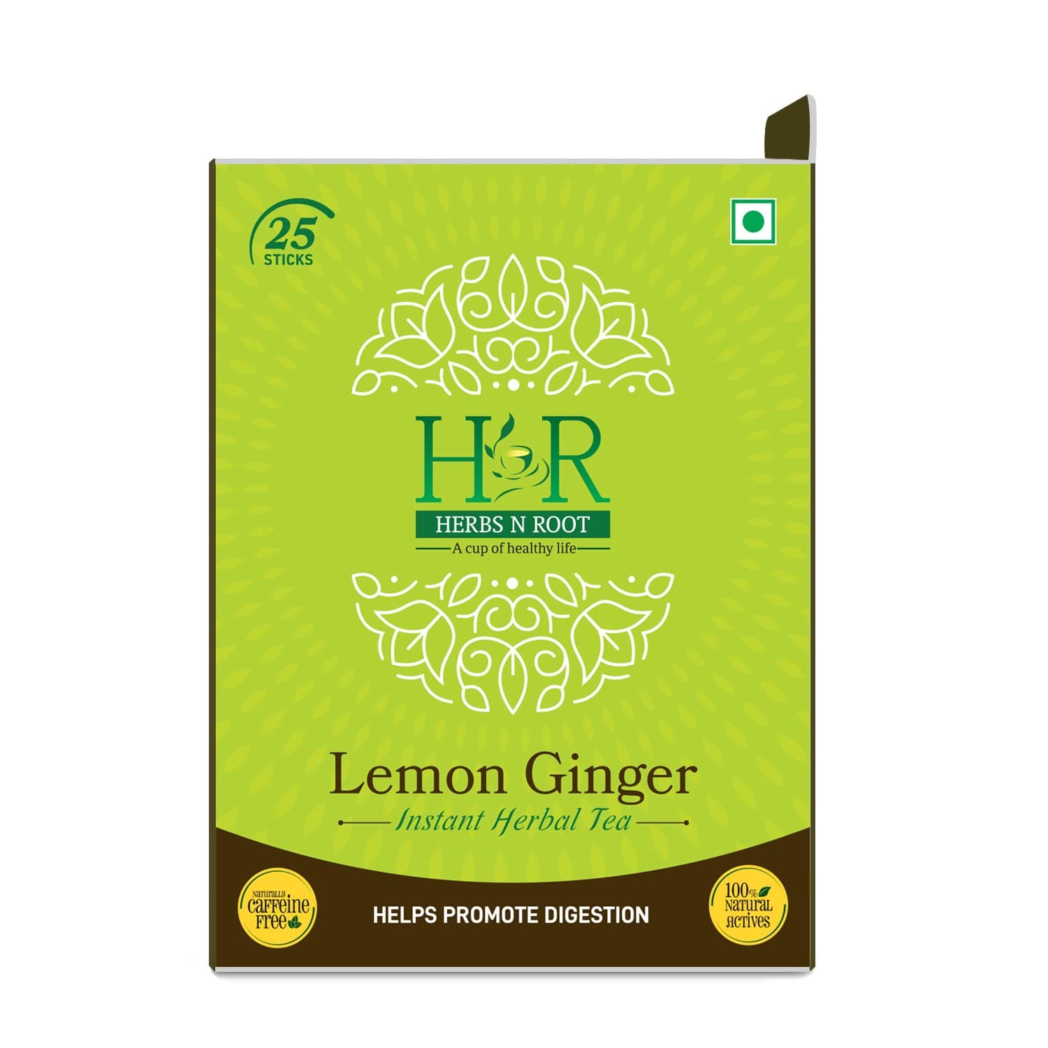 Herbs N Root Lemon Ginger Instant Herbal Tea | Soluable Green Tea | Improve Appetite & Digestion System Herbal Tea | Ginger Tea | Immune with Added Vitamin C Tea - 25 Stick (2gm Each)