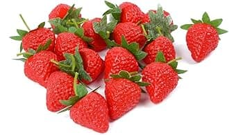 VIDELLY 20 Pieces Artificial Strawberries Fake Strawberries Lifelike Red Realistic Plastic Fruit for Kitchen Party Decoration Photo Prop,S Size