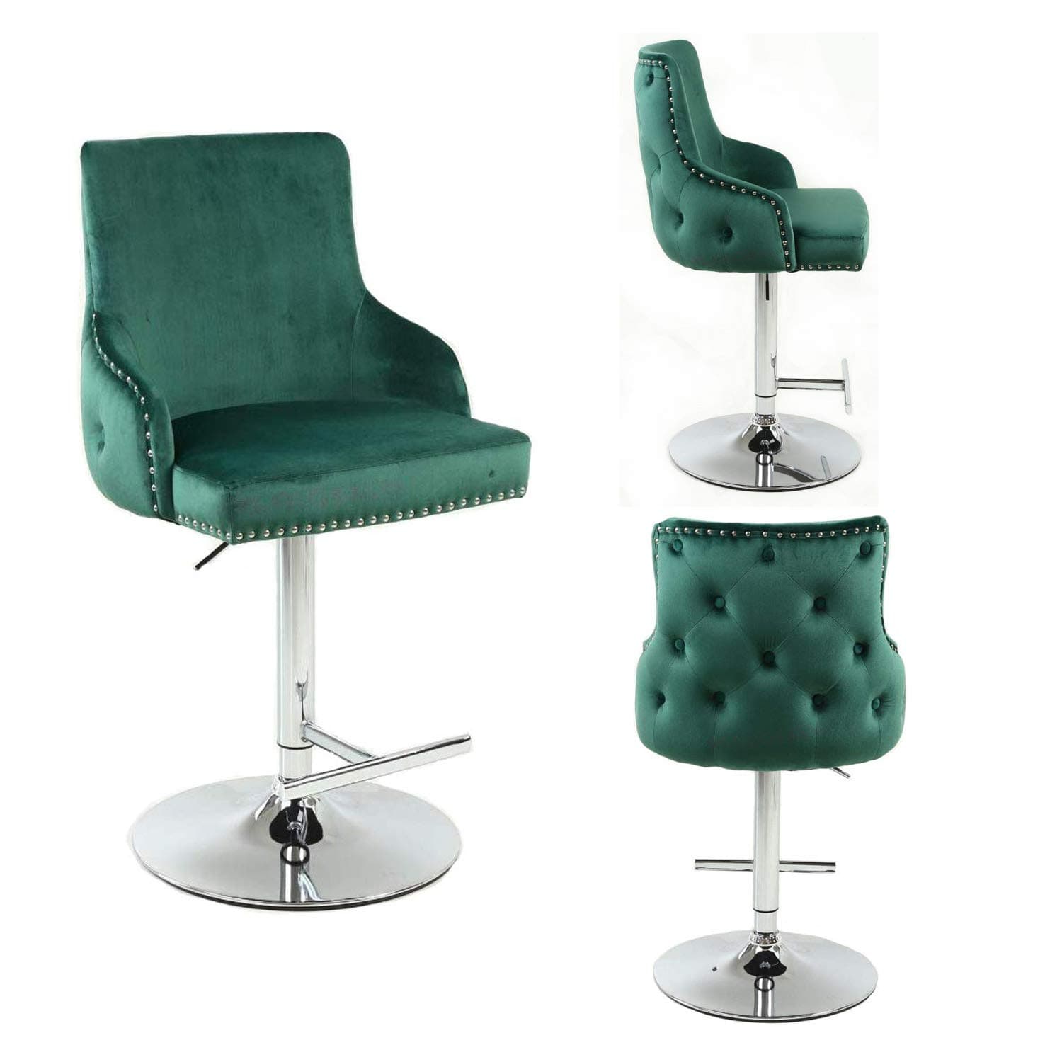 PS Global Swivel Barstool with Comfortable and Stylish Deep Button Back, Gas Lift, Plush Velvet, T-Bar Footrest, Upholstered In Plush Velvet, Easy-Clean Fabric Sold Individually (Green)