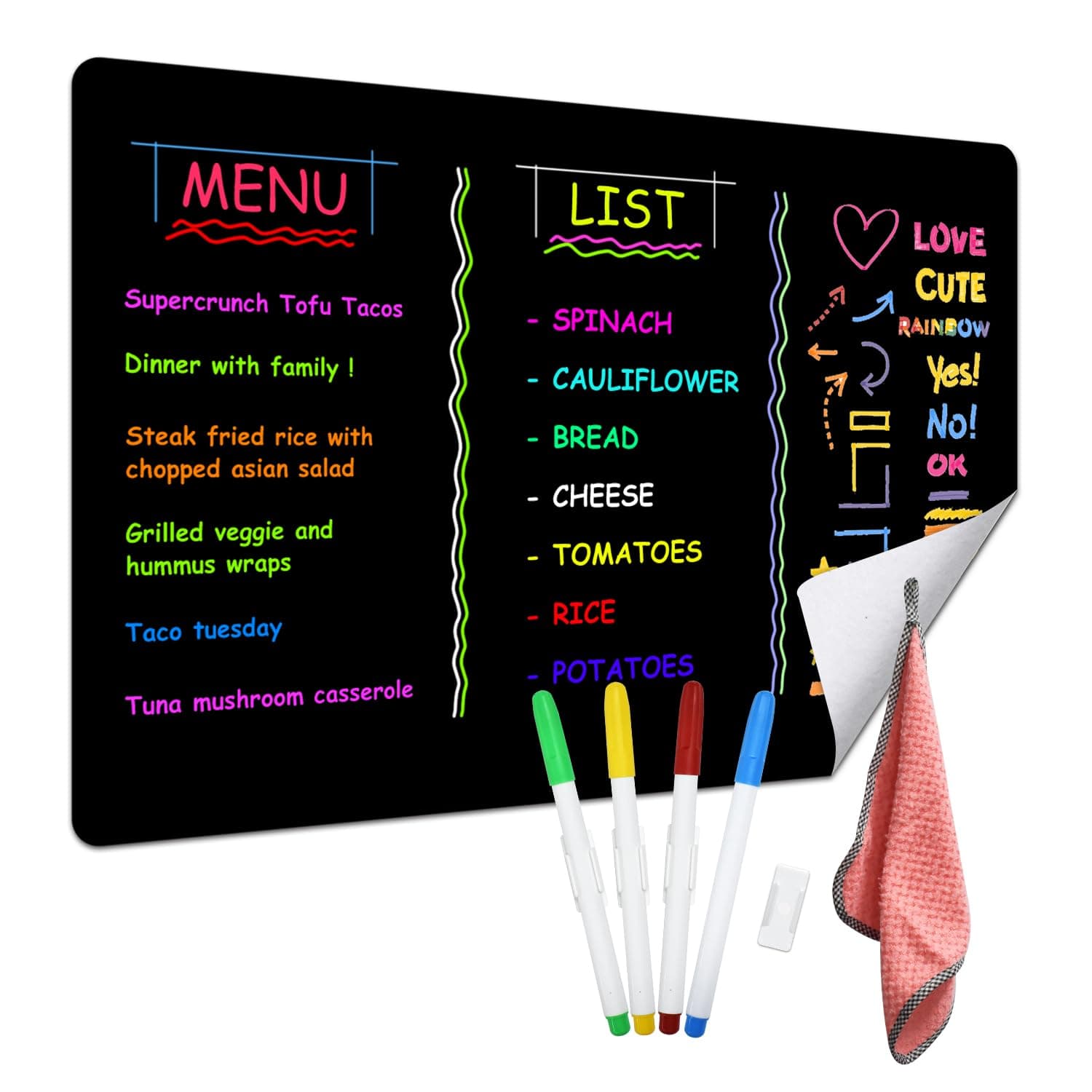 Self-Stick Black Board Sheet 17" x 11" 2Pcs, Wet Erase Black Board Sheets Removable Adhesive for Wall and Fridge, Black Wet Erase Board Stick on Almost Anywhere