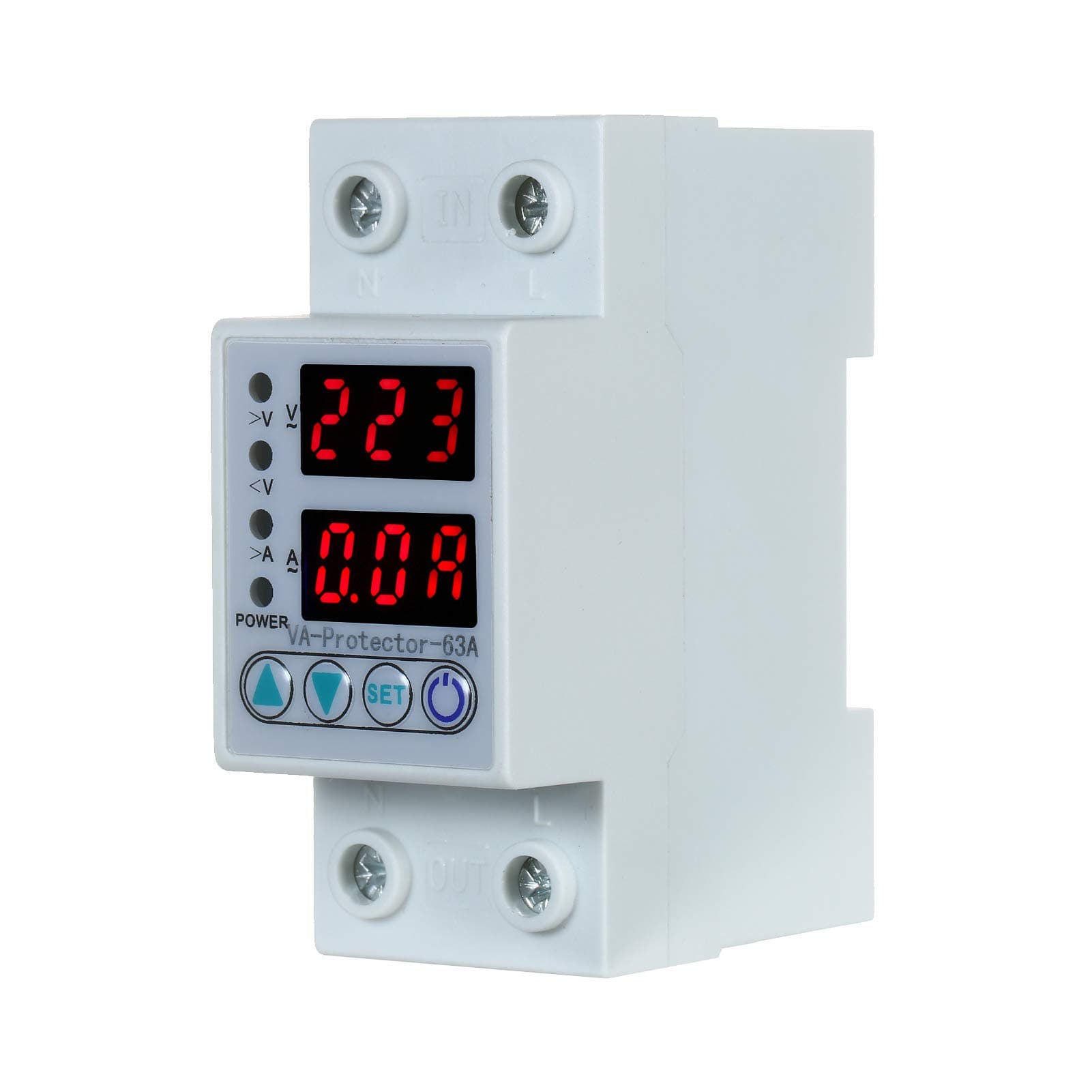 douself 63A 220V Din Rail Adjustable Over Voltage and Under Voltage Protective Device Protector Relay Over Current Protection Home Usage Dual LED Display