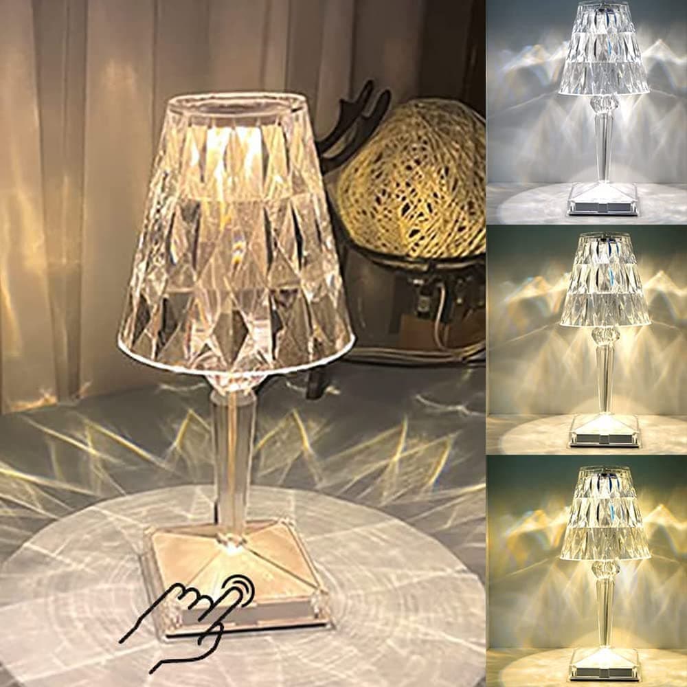 Crystal Table Lamp Touch Control Crystal Rose Lamp, [2000mAh]Rechargeable LED Diamond Table Lamps with 3 Color Changing Light, [Non-Yellowing]Acrylic Cordless Table Lamp Small Lamp for Room Bedroom